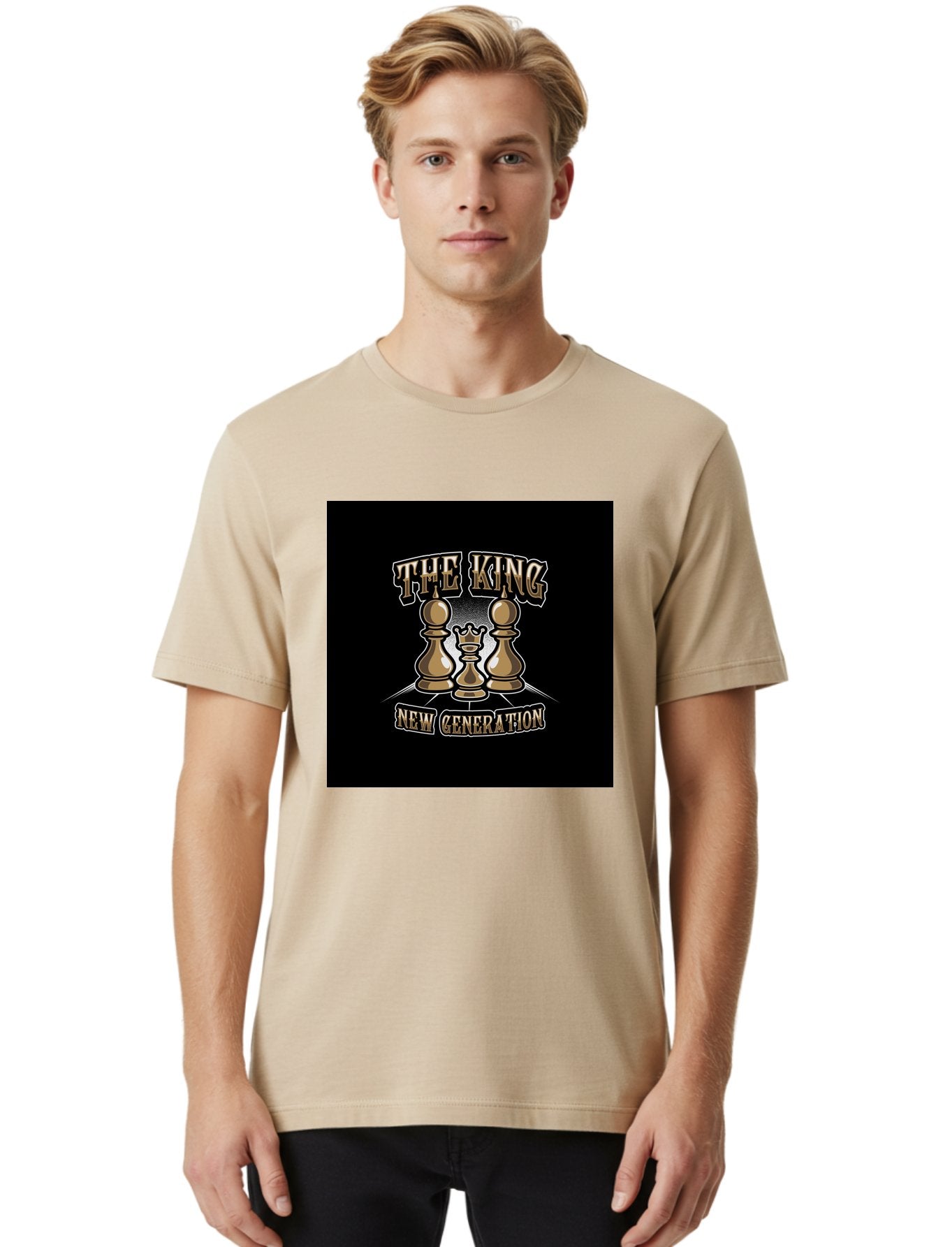 The-King-New-Generation Men'S Graphic Tee, 100% Cotton, Comfortable Casual Summer Wear, Machine Washable, Chess Pieces, The King, New Generation, Leadership, Strategy, Gold Pieces, Pawn, Queen, King, Black Background, Logo Design, Branding, Aab487 29
