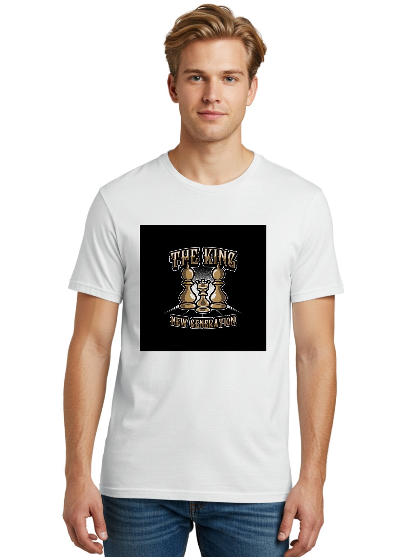 The-King-New-Generation Men'S Graphic Tee, 100% Cotton, Comfortable Casual Summer Wear, Machine Washable, Chess Pieces, The King, New Generation, Leadership, Strategy, Gold Pieces, Pawn, Queen, King, Black Background, Logo Design, Branding, Aab487 25