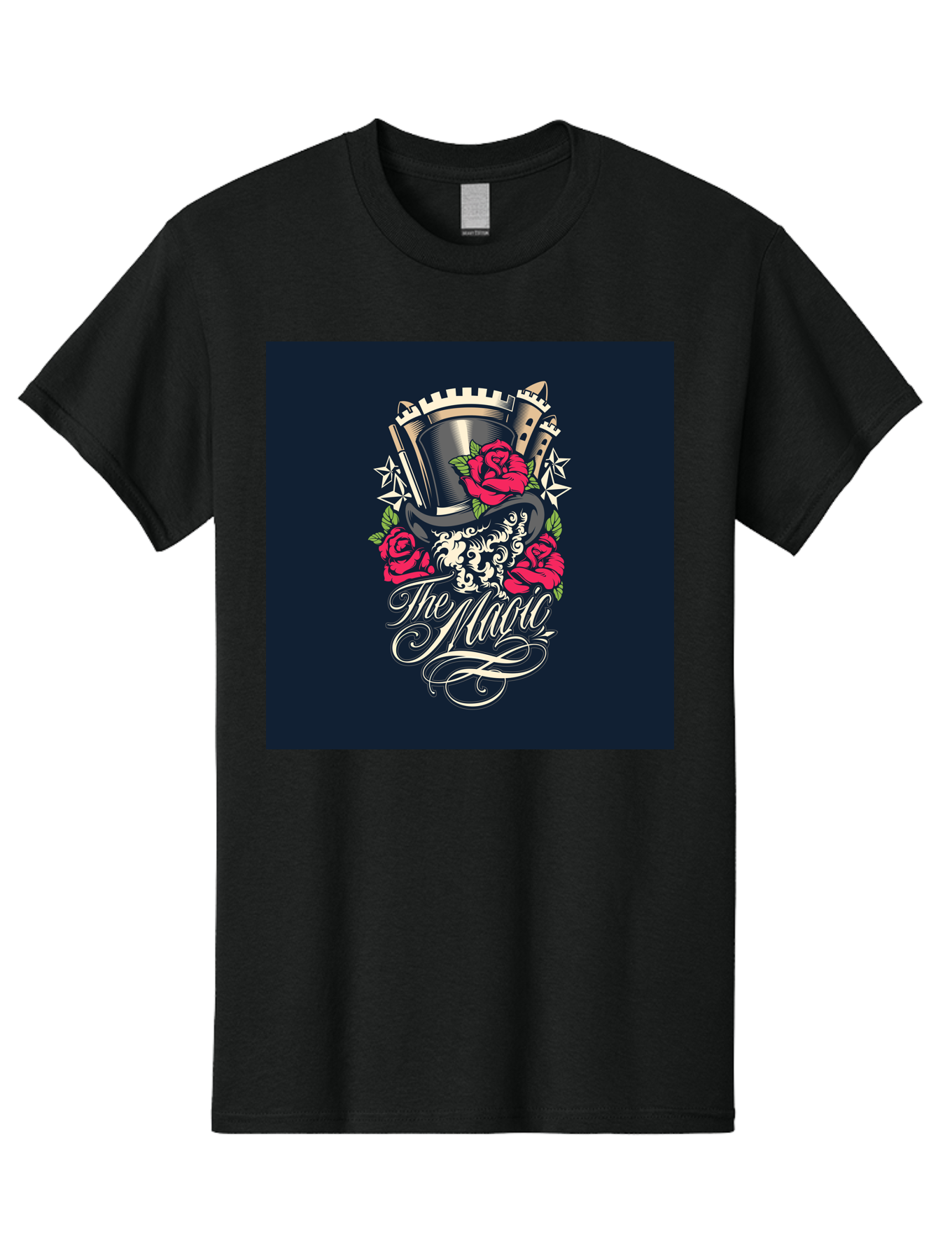 The-Magic Men'S Graphic Tee, 100% Cotton, Comfortable Casual Summer Wear, Machine Washable, Top Hat, Castle, Roses, Stars, Elegant Script, Fantasy Theme, Mystical Atmosphere, Luxury Design, Mysterious, Ornate Aab488