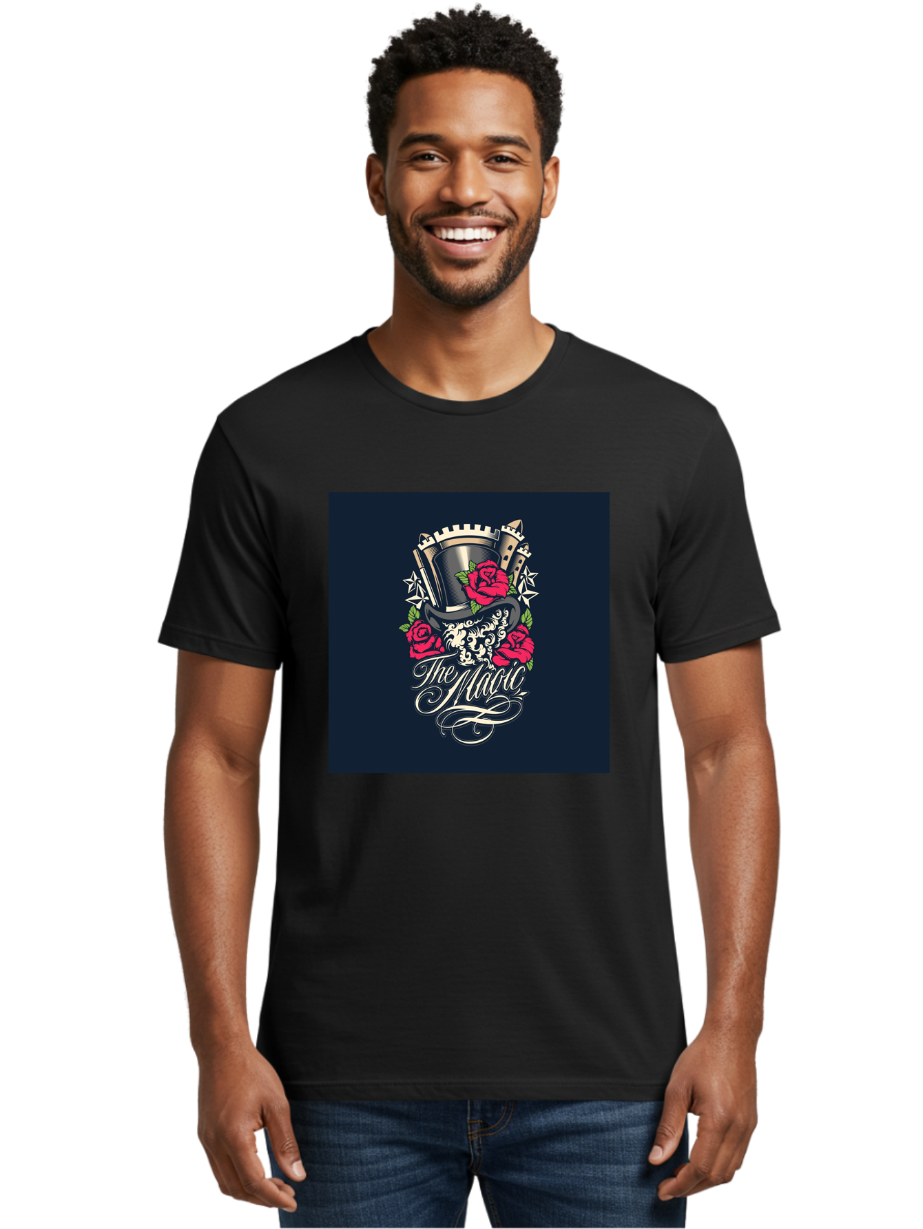 The-Magic Men'S Graphic Tee, 100% Cotton, Comfortable Casual Summer Wear, Machine Washable, Top Hat, Castle, Roses, Stars, Elegant Script, Fantasy Theme, Mystical Atmosphere, Luxury Design, Mysterious, Ornate Aab488