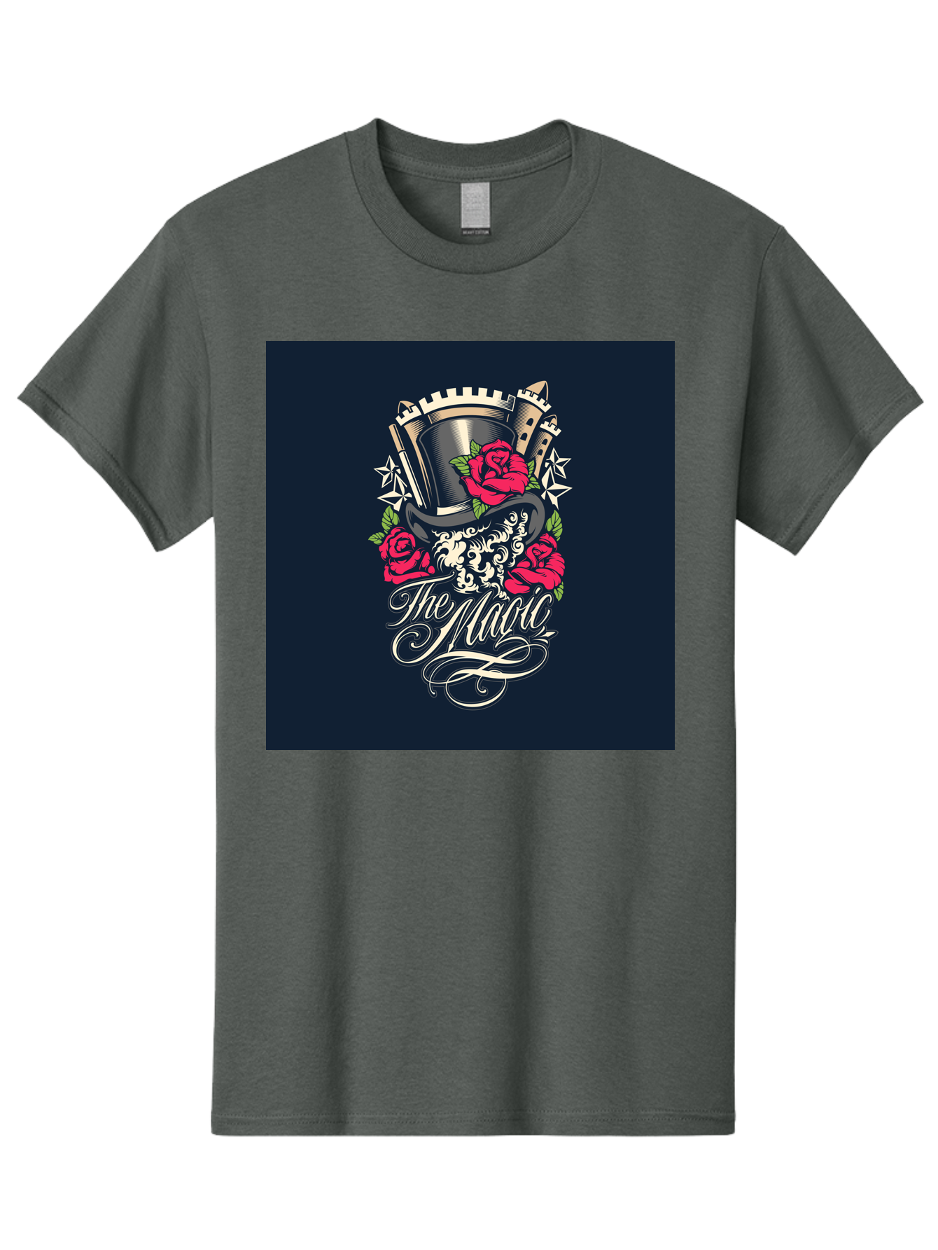 The-Magic Men'S Graphic Tee, 100% Cotton, Comfortable Casual Summer Wear, Machine Washable, Top Hat, Castle, Roses, Stars, Elegant Script, Fantasy Theme, Mystical Atmosphere, Luxury Design, Mysterious, Ornate Aab488 3