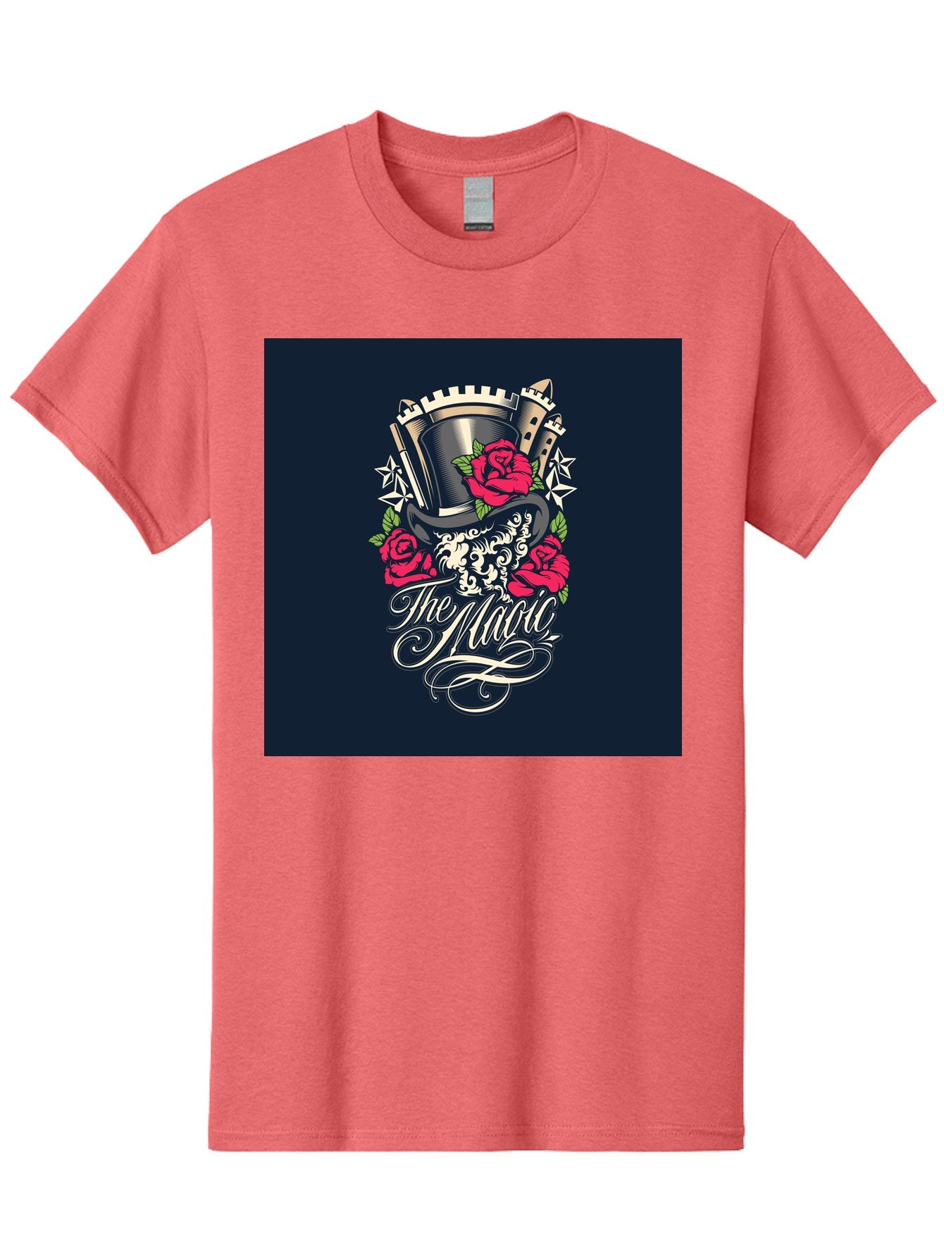 The-Magic Men'S Graphic Tee, 100% Cotton, Comfortable Casual Summer Wear, Machine Washable, Top Hat, Castle, Roses, Stars, Elegant Script, Fantasy Theme, Mystical Atmosphere, Luxury Design, Mysterious, Ornate Aab488 7