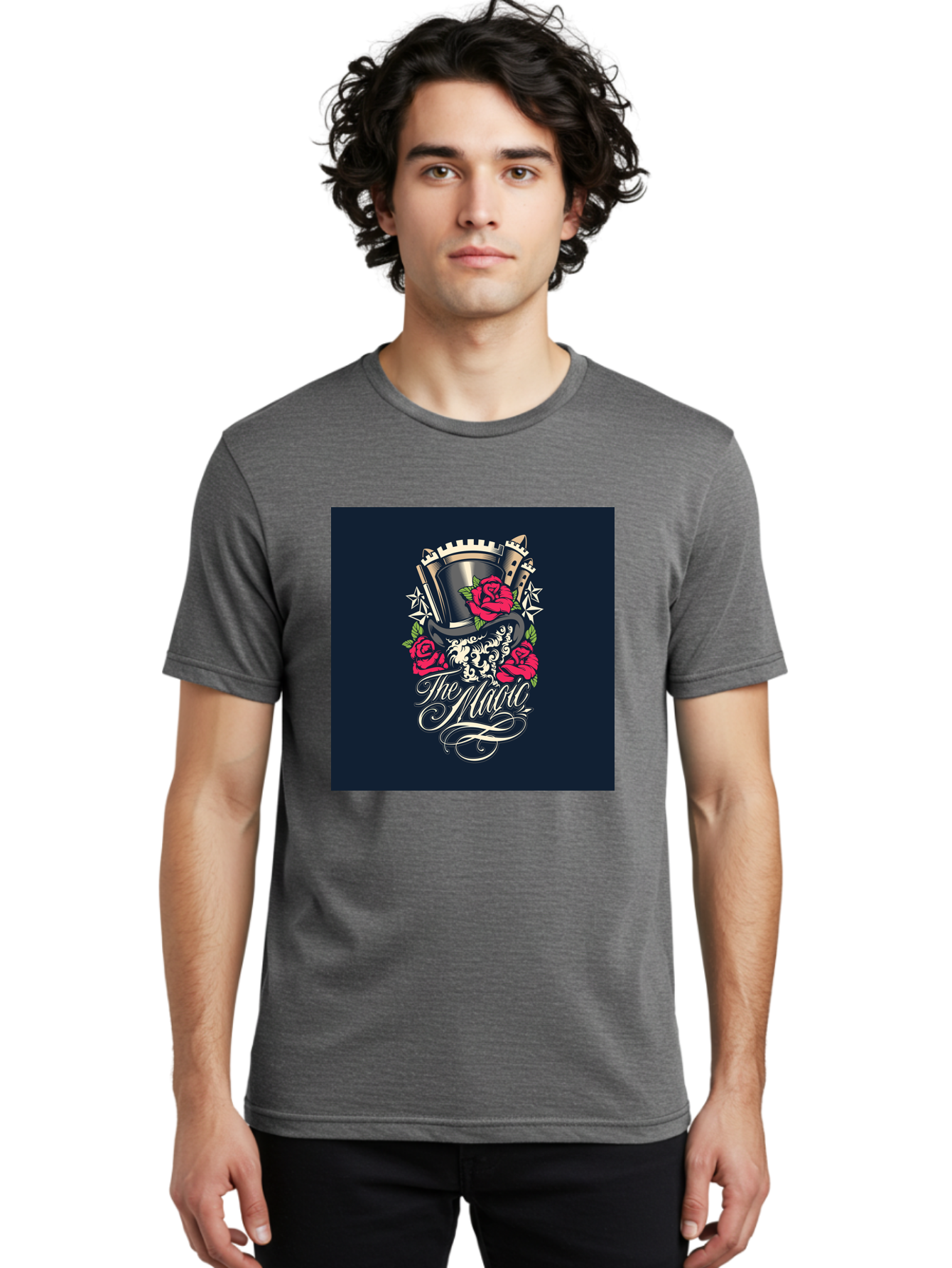 The-Magic Men'S Graphic Tee, 100% Cotton, Comfortable Casual Summer Wear, Machine Washable, Top Hat, Castle, Roses, Stars, Elegant Script, Fantasy Theme, Mystical Atmosphere, Luxury Design, Mysterious, Ornate Aab488 10