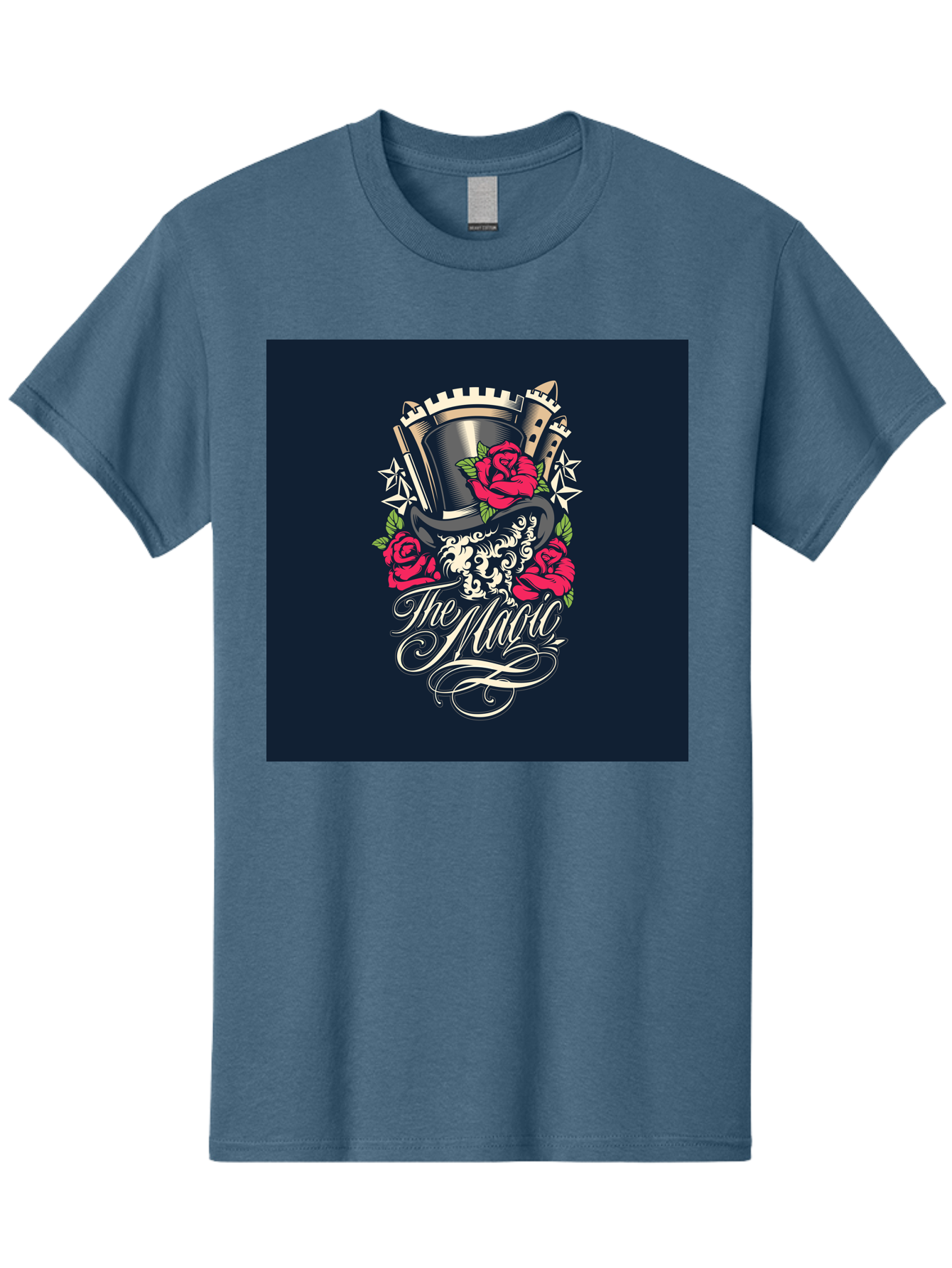 The-Magic Men'S Graphic Tee, 100% Cotton, Comfortable Casual Summer Wear, Machine Washable, Top Hat, Castle, Roses, Stars, Elegant Script, Fantasy Theme, Mystical Atmosphere, Luxury Design, Mysterious, Ornate Aab488 11