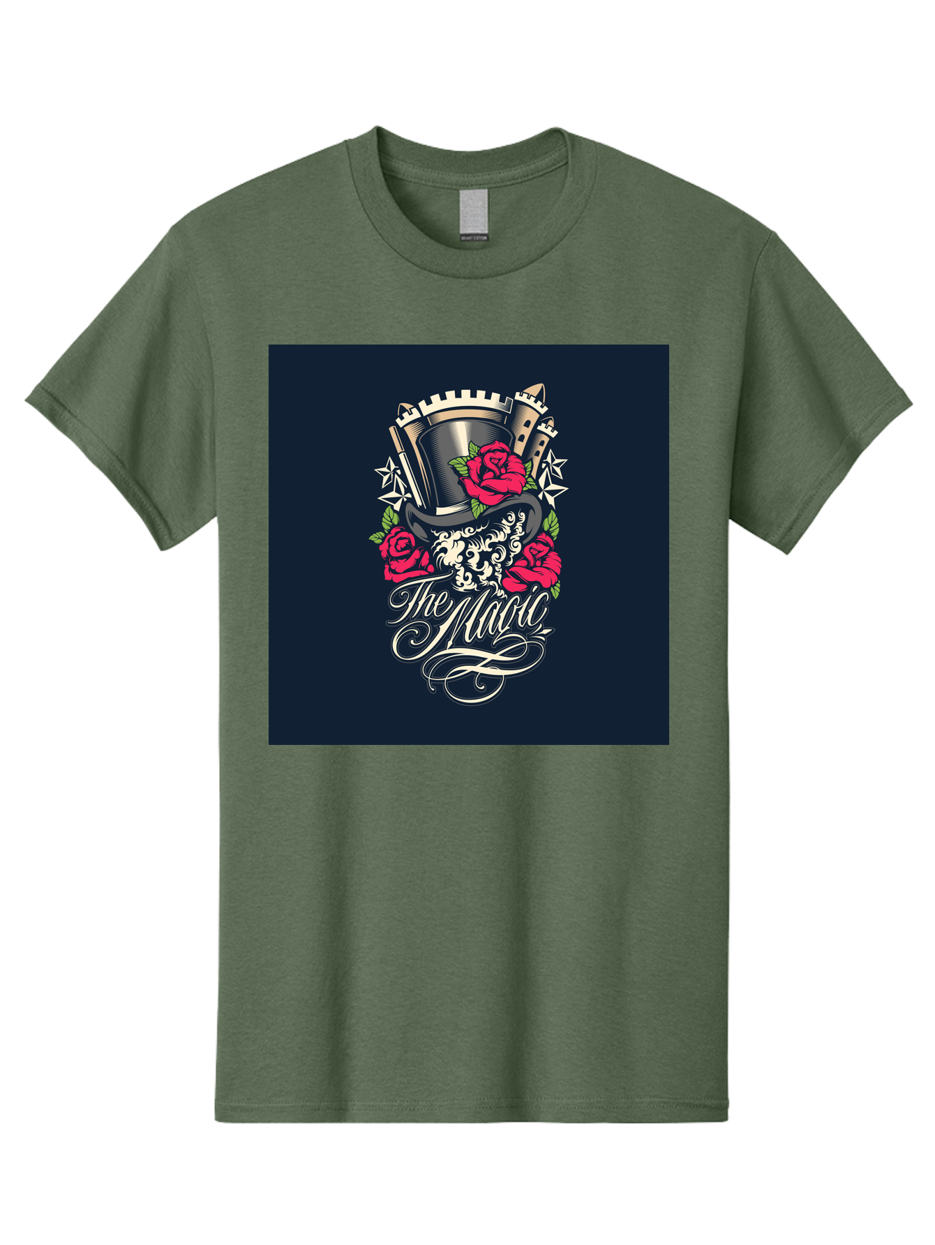 The-Magic Men'S Graphic Tee, 100% Cotton, Comfortable Casual Summer Wear, Machine Washable, Top Hat, Castle, Roses, Stars, Elegant Script, Fantasy Theme, Mystical Atmosphere, Luxury Design, Mysterious, Ornate Aab488 15
