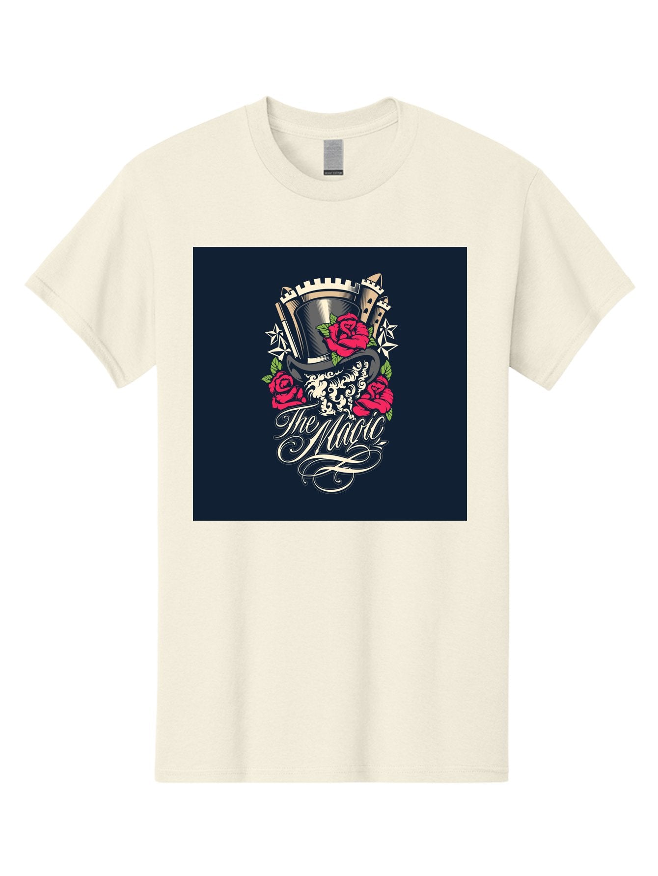 The-Magic Men'S Graphic Tee, 100% Cotton, Comfortable Casual Summer Wear, Machine Washable, Top Hat, Castle, Roses, Stars, Elegant Script, Fantasy Theme, Mystical Atmosphere, Luxury Design, Mysterious, Ornate Aab488 14