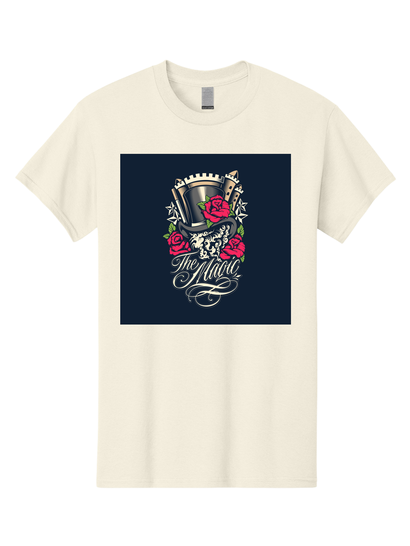 The-Magic Men'S Graphic Tee, 100% Cotton, Comfortable Casual Summer Wear, Machine Washable, Top Hat, Castle, Roses, Stars, Elegant Script, Fantasy Theme, Mystical Atmosphere, Luxury Design, Mysterious, Ornate Aab488 17