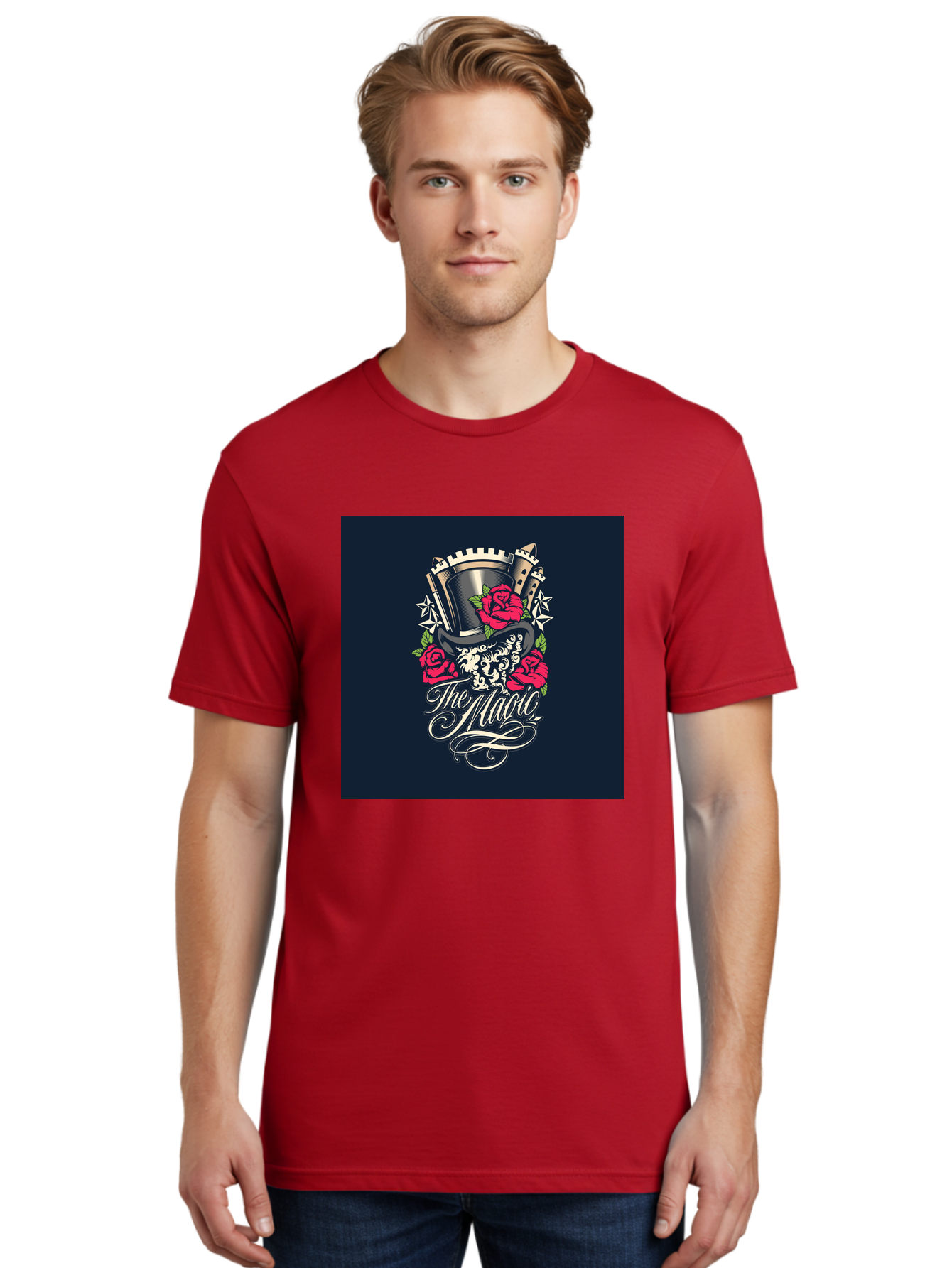 The-Magic Men'S Graphic Tee, 100% Cotton, Comfortable Casual Summer Wear, Machine Washable, Top Hat, Castle, Roses, Stars, Elegant Script, Fantasy Theme, Mystical Atmosphere, Luxury Design, Mysterious, Ornate Aab488 24