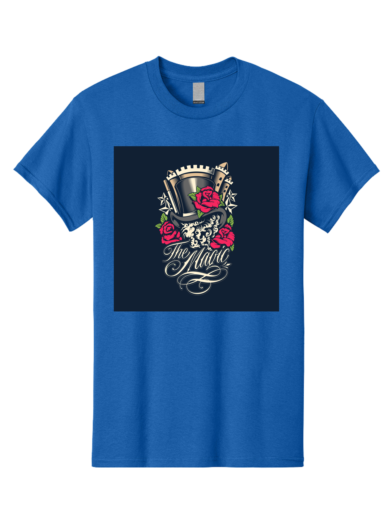 The-Magic Men'S Graphic Tee, 100% Cotton, Comfortable Casual Summer Wear, Machine Washable, Top Hat, Castle, Roses, Stars, Elegant Script, Fantasy Theme, Mystical Atmosphere, Luxury Design, Mysterious, Ornate Aab488 25