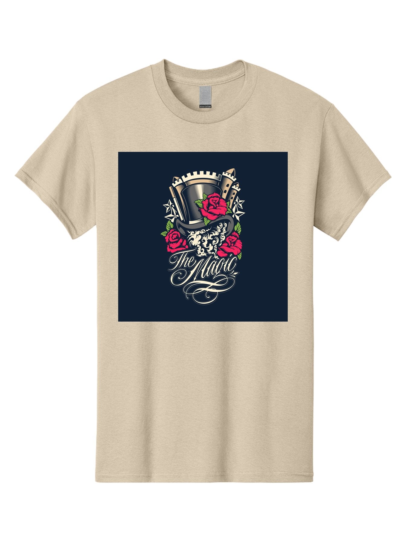 The-Magic Men'S Graphic Tee, 100% Cotton, Comfortable Casual Summer Wear, Machine Washable, Top Hat, Castle, Roses, Stars, Elegant Script, Fantasy Theme, Mystical Atmosphere, Luxury Design, Mysterious, Ornate Aab488 4