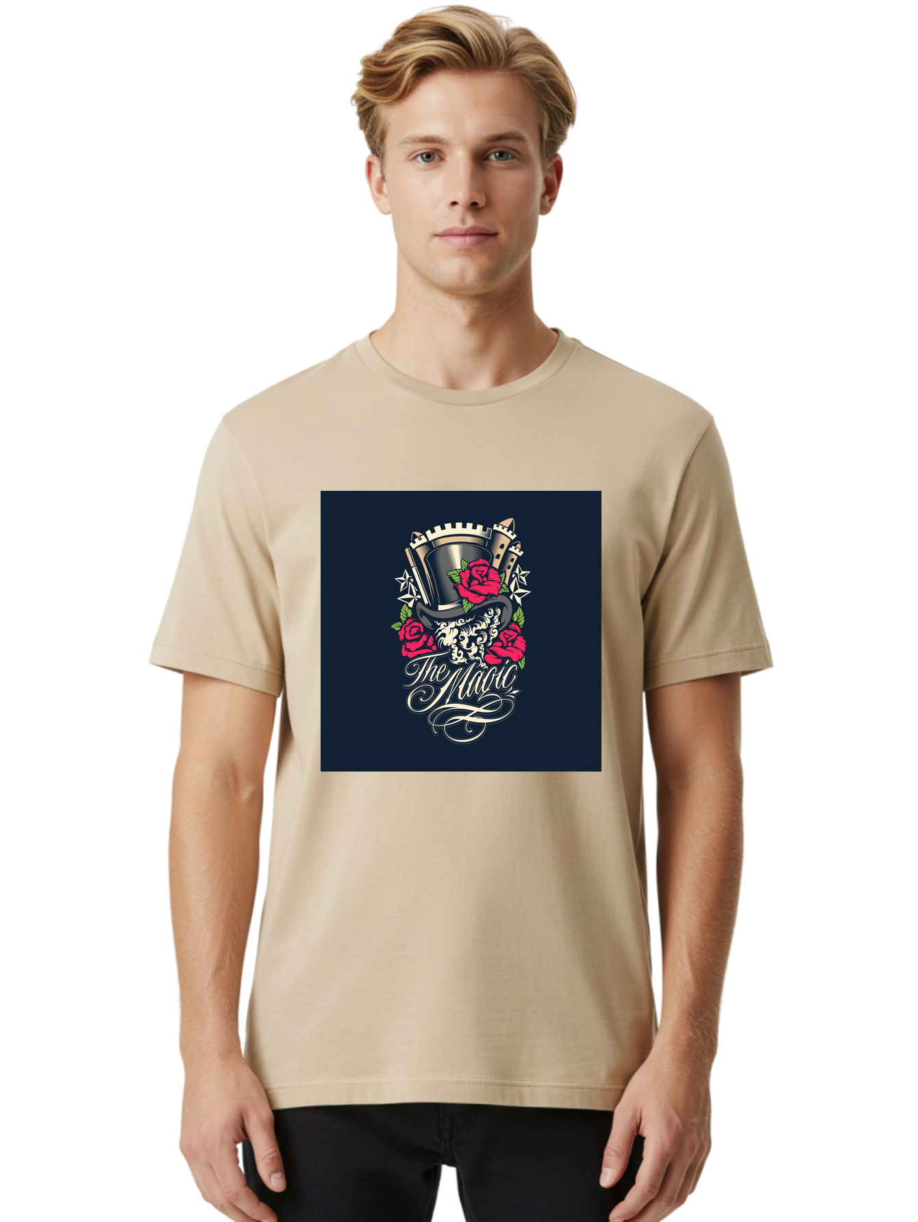 The-Magic Men'S Graphic Tee, 100% Cotton, Comfortable Casual Summer Wear, Machine Washable, Top Hat, Castle, Roses, Stars, Elegant Script, Fantasy Theme, Mystical Atmosphere, Luxury Design, Mysterious, Ornate Aab488 28