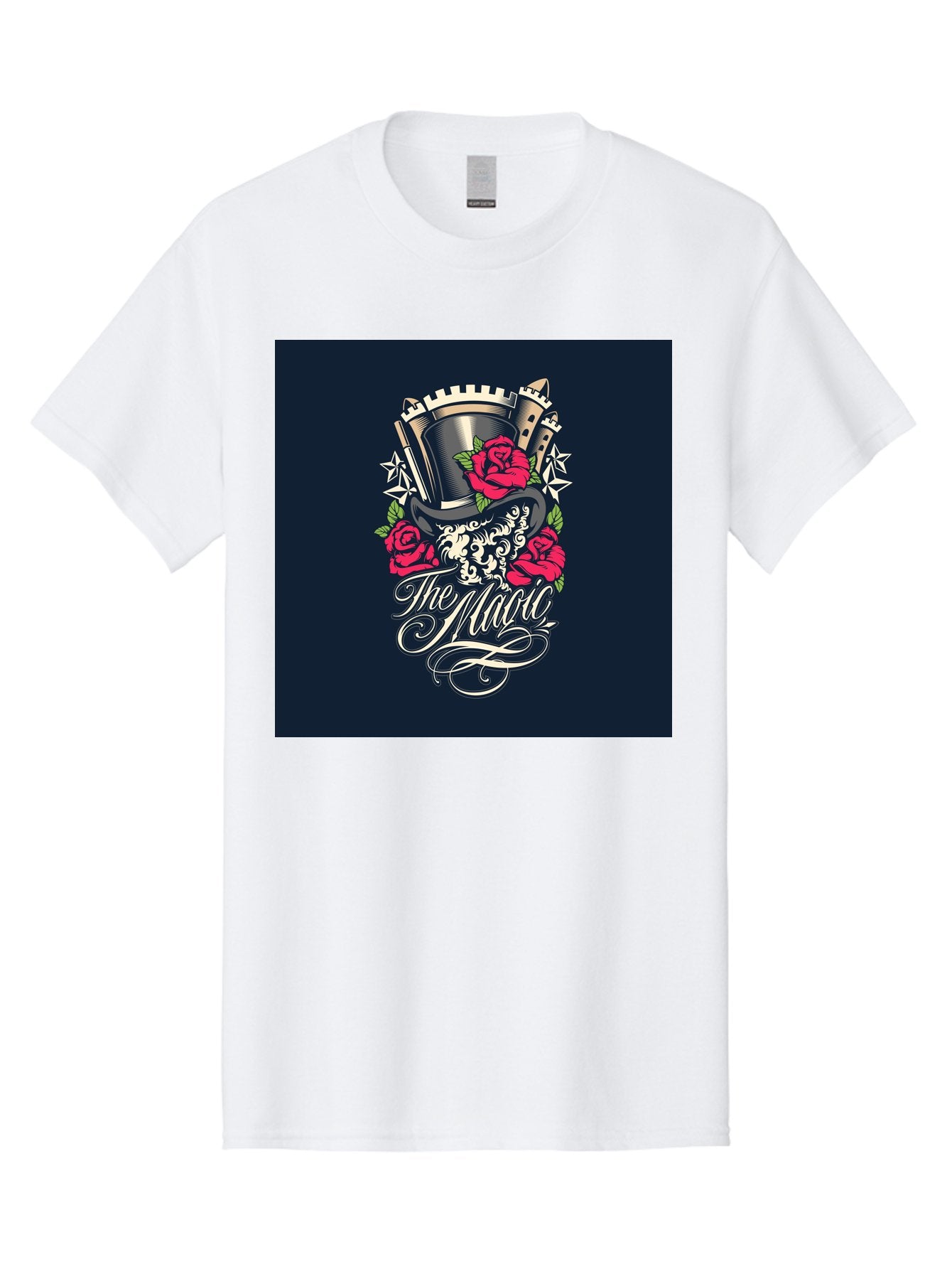 The-Magic Men'S Graphic Tee, 100% Cotton, Comfortable Casual Summer Wear, Machine Washable, Top Hat, Castle, Roses, Stars, Elegant Script, Fantasy Theme, Mystical Atmosphere, Luxury Design, Mysterious, Ornate Aab488 8