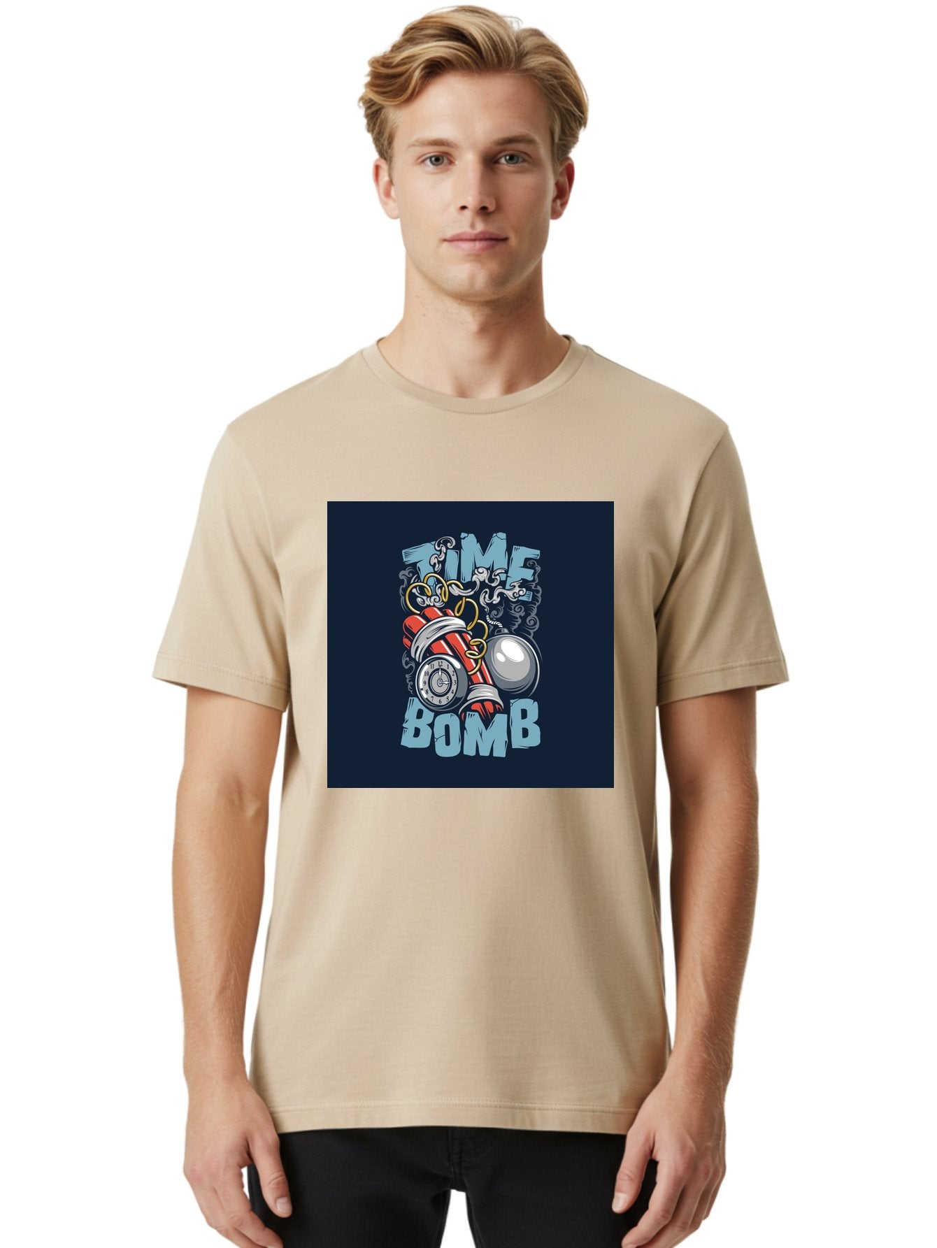 Time-Bomb Men'S Graphic Tee, 100% Cotton, Comfortable Casual Summer Wear, Machine Washable, Time Bomb Illustration, Cartoon Style, Dynamite Sticks, Clock Timer, Danger Alert, Bomb Threat, Countdown To Explosion, Cartoon Graphics, Comic Art Aab489 25