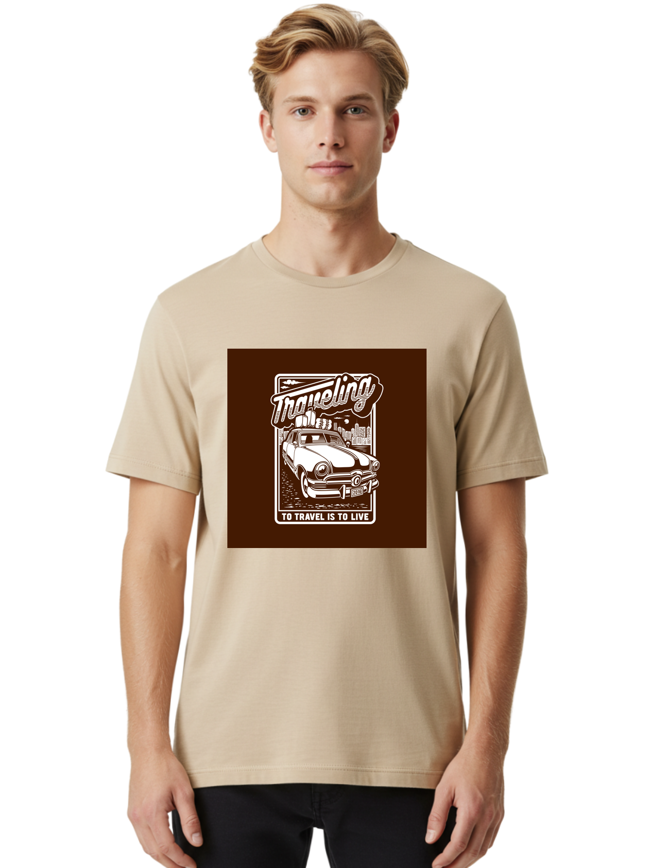 Traveling Men'S Graphic Tee, 100% Cotton, Comfortable Casual Summer Wear, Machine Washable, Vintage Car, Travel, Adventure, Classic Automobile, Cityscape, Road Trip, Exploration, Wanderlust, Traveling, To Travel Is To Live Aab490 28