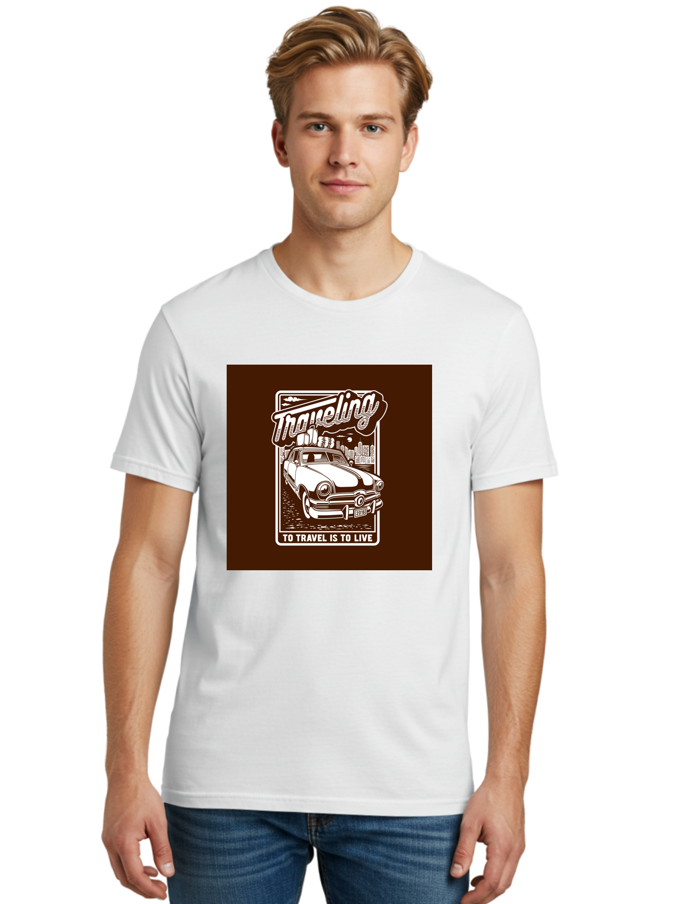 Traveling Men'S Graphic Tee, 100% Cotton, Comfortable Casual Summer Wear, Machine Washable, Vintage Car, Travel, Adventure, Classic Automobile, Cityscape, Road Trip, Exploration, Wanderlust, Traveling, To Travel Is To Live Aab490 30