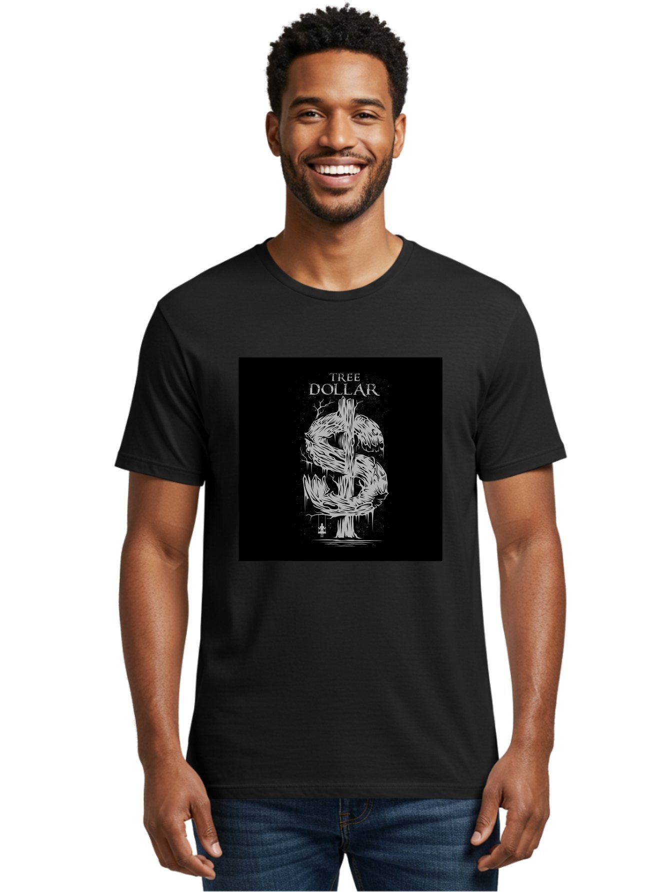 Tree-Dollar Men'S Graphic Tee, 100% Cotton, Comfortable Casual Summer Wear, Machine Washable, Dollar Sign Made Of Tree Branches, Wooden Currency Symbol, Environmental Finance, Eco-Friendly Money, Twisted Tree Trunk, Drip Art, Aab491 21