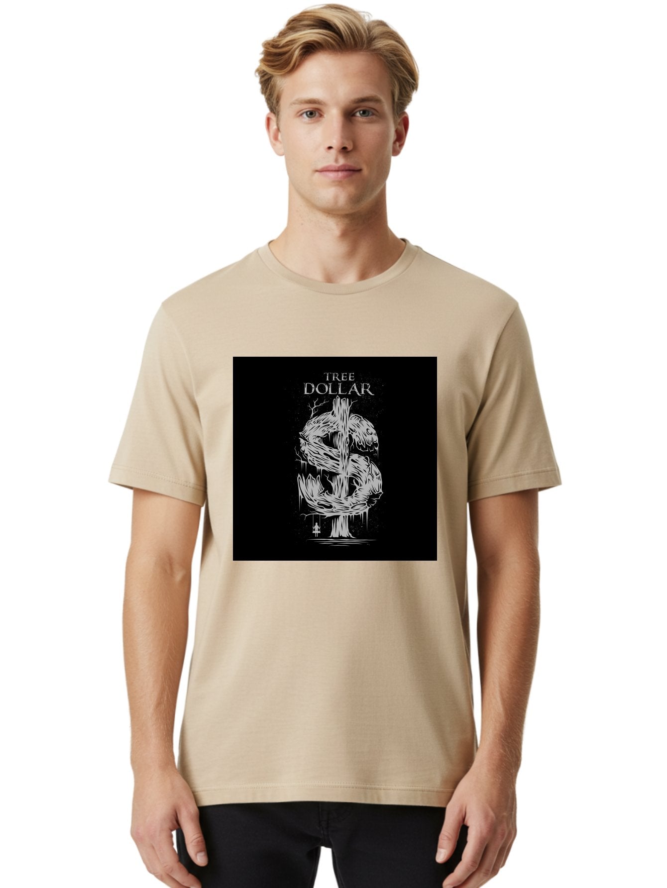 Tree-Dollar Men'S Graphic Tee, 100% Cotton, Comfortable Casual Summer Wear, Machine Washable, Dollar Sign Made Of Tree Branches, Wooden Currency Symbol, Environmental Finance, Eco-Friendly Money, Twisted Tree Trunk, Drip Art, Aab491 18