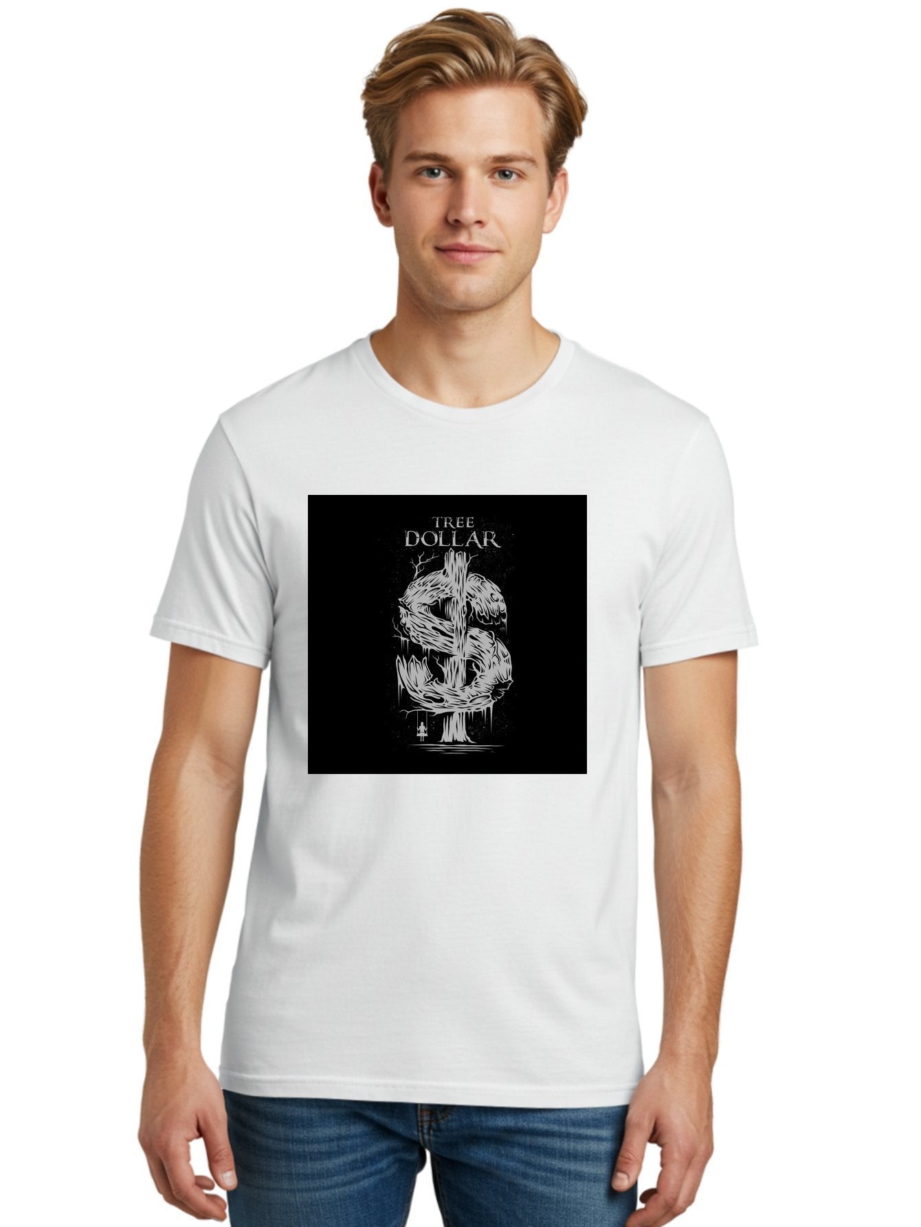 Tree-Dollar Men'S Graphic Tee, 100% Cotton, Comfortable Casual Summer Wear, Machine Washable, Dollar Sign Made Of Tree Branches, Wooden Currency Symbol, Environmental Finance, Eco-Friendly Money, Twisted Tree Trunk, Drip Art, Aab491 23
