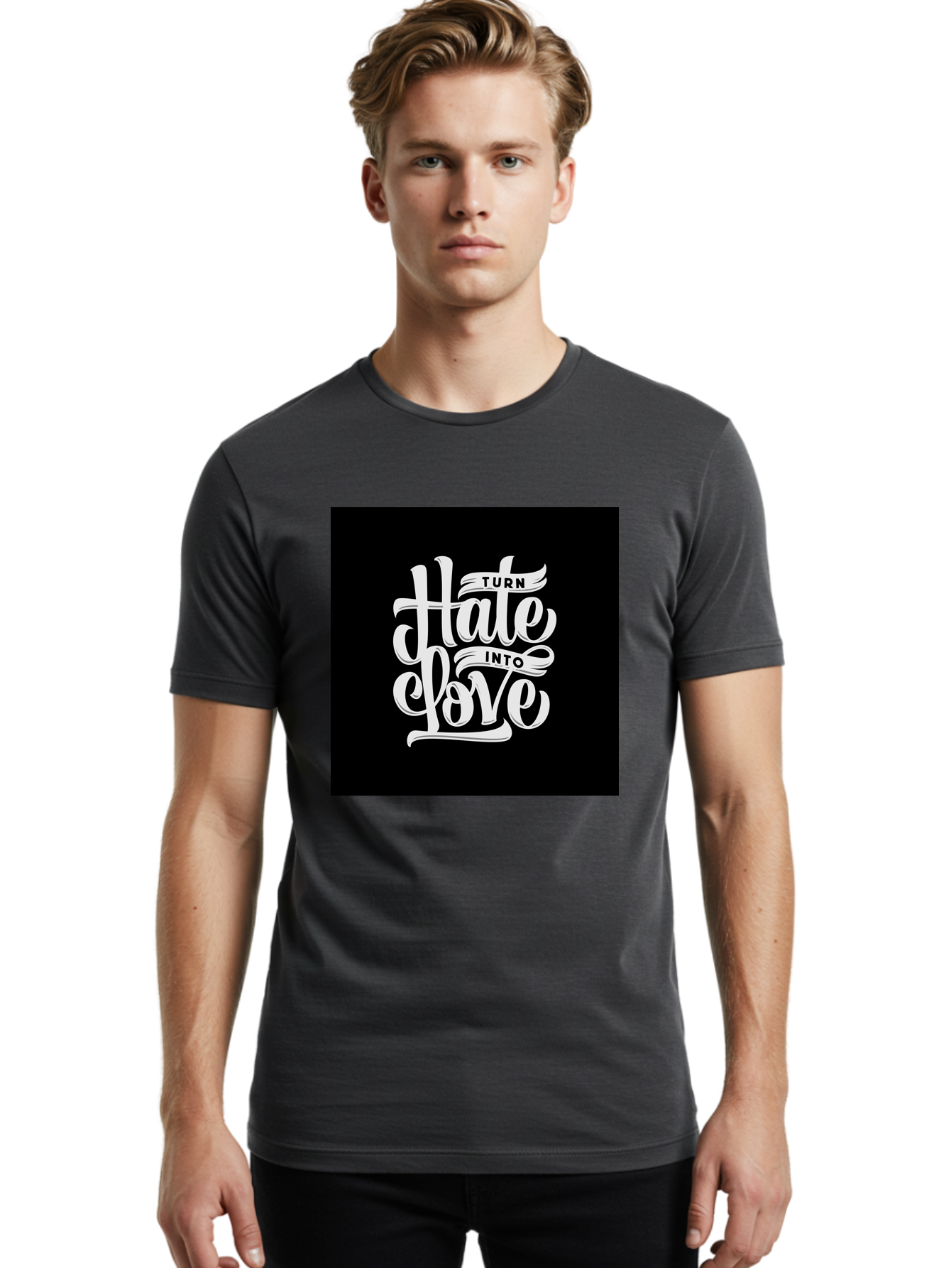 Turn-Hate-Into-Love Men'S Graphic Tee, 100% Cotton, Comfortable Casual Summer Wear, Machine Washable, Inspirational Quotes, Motivational Sayings, Positive Affirmations, Kindness Messages, Peace Signs, Emotional Support, Uplifting Words, Aab492 30