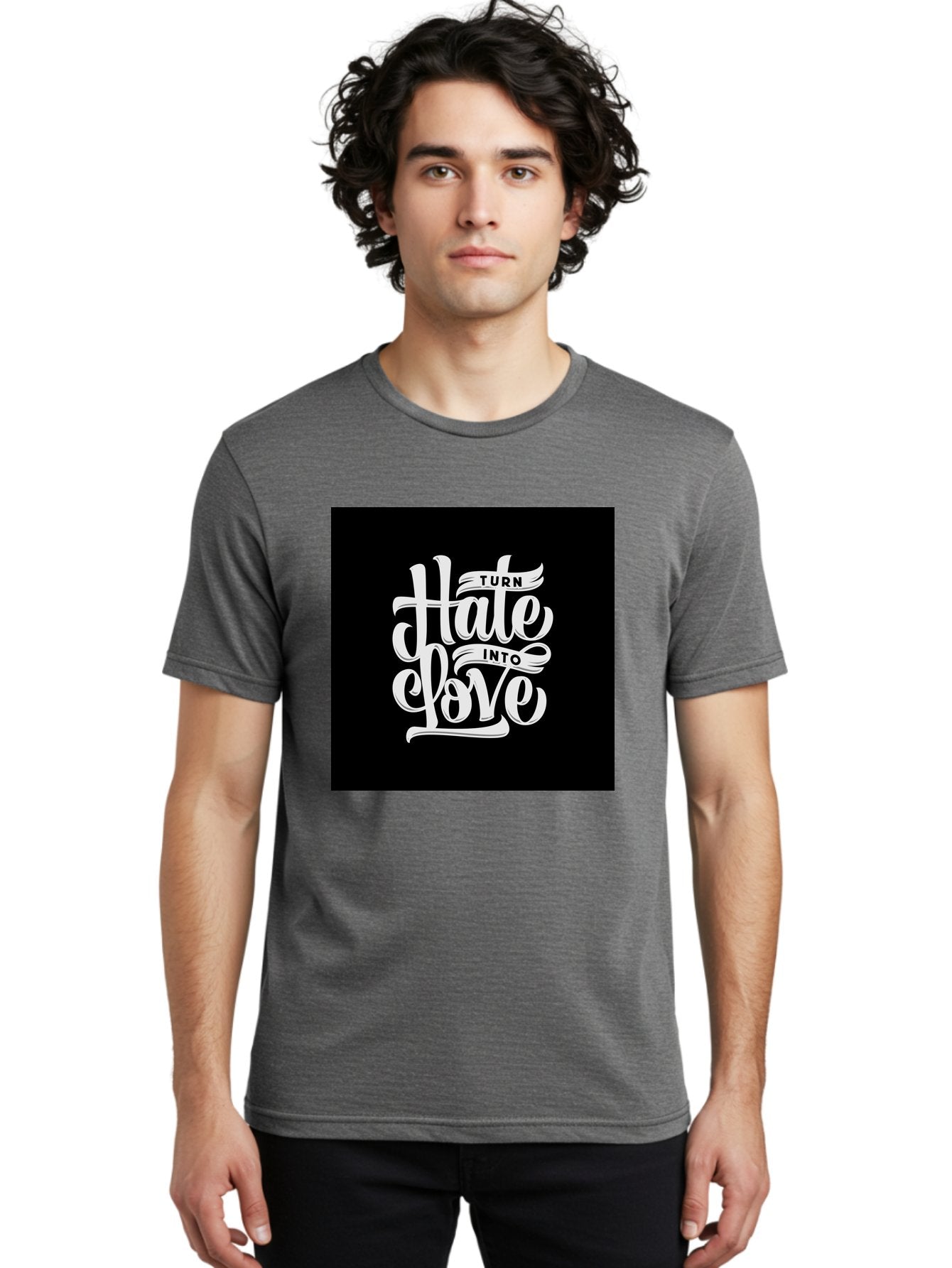 Turn-Hate-Into-Love Men'S Graphic Tee, 100% Cotton, Comfortable Casual Summer Wear, Machine Washable, Inspirational Quotes, Motivational Sayings, Positive Affirmations, Kindness Messages, Peace Signs, Emotional Support, Uplifting Words, Aab492 21