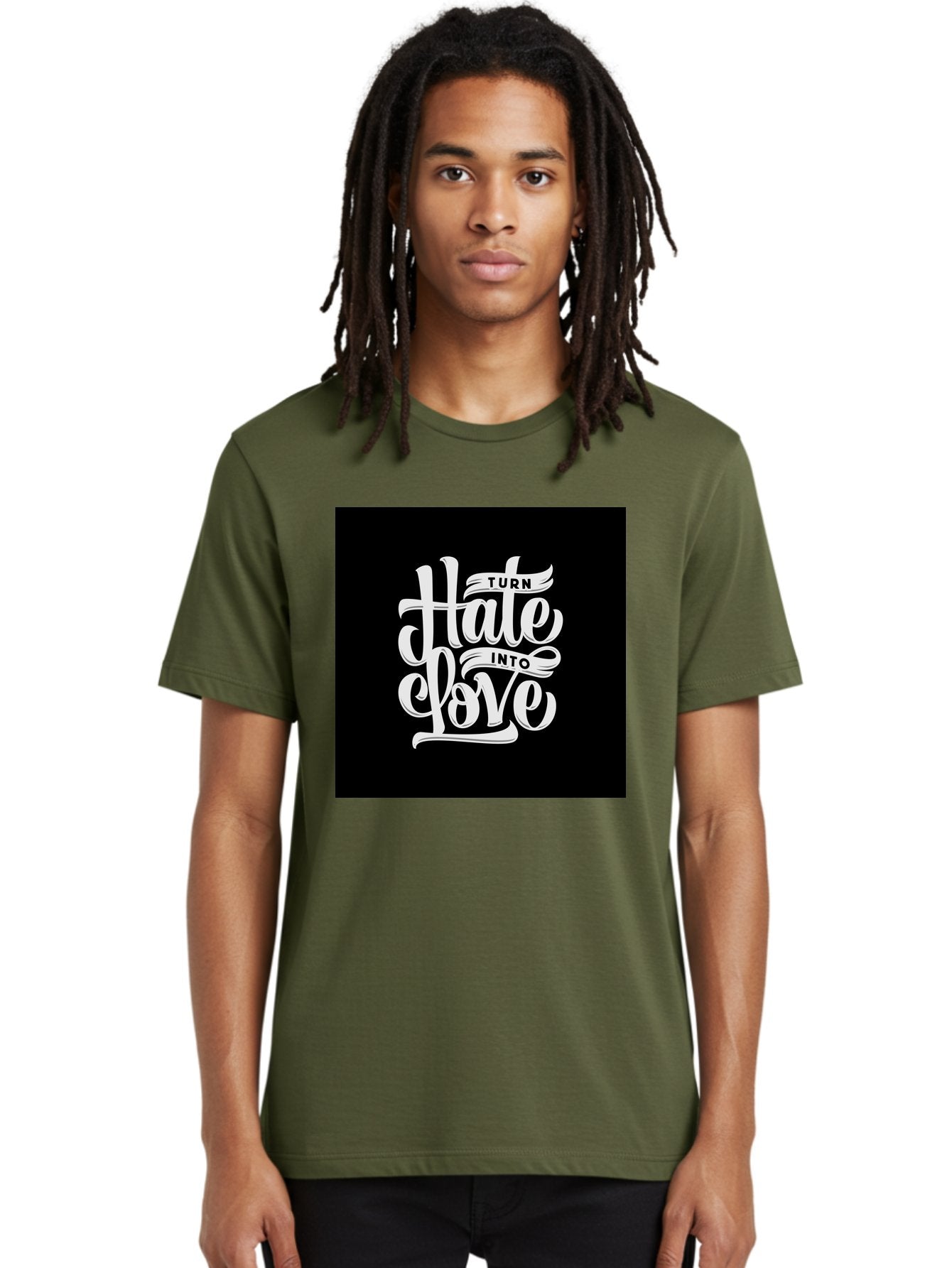 Turn-Hate-Into-Love Men'S Graphic Tee, 100% Cotton, Comfortable Casual Summer Wear, Machine Washable, Inspirational Quotes, Motivational Sayings, Positive Affirmations, Kindness Messages, Peace Signs, Emotional Support, Uplifting Words, Aab492 27