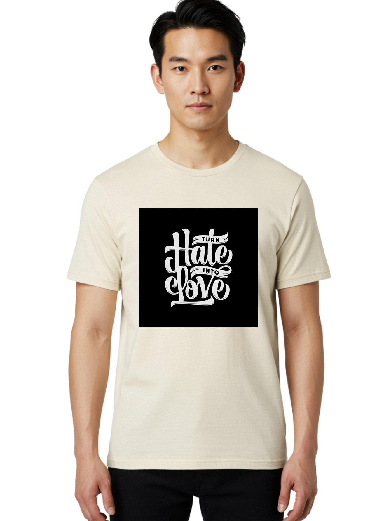 Turn-Hate-Into-Love Men'S Graphic Tee, 100% Cotton, Comfortable Casual Summer Wear, Machine Washable, Inspirational Quotes, Motivational Sayings, Positive Affirmations, Kindness Messages, Peace Signs, Emotional Support, Uplifting Words, Aab492 23