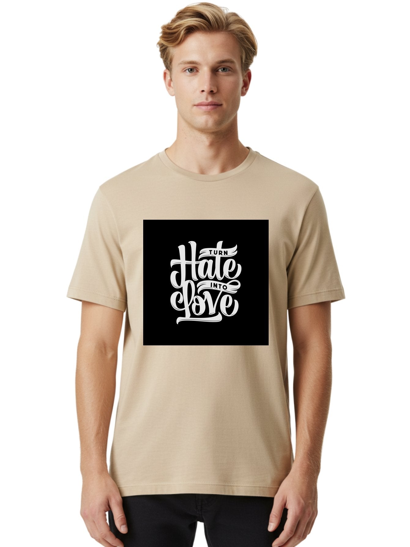 Turn-Hate-Into-Love Men'S Graphic Tee, 100% Cotton, Comfortable Casual Summer Wear, Machine Washable, Inspirational Quotes, Motivational Sayings, Positive Affirmations, Kindness Messages, Peace Signs, Emotional Support, Uplifting Words, Aab492 24