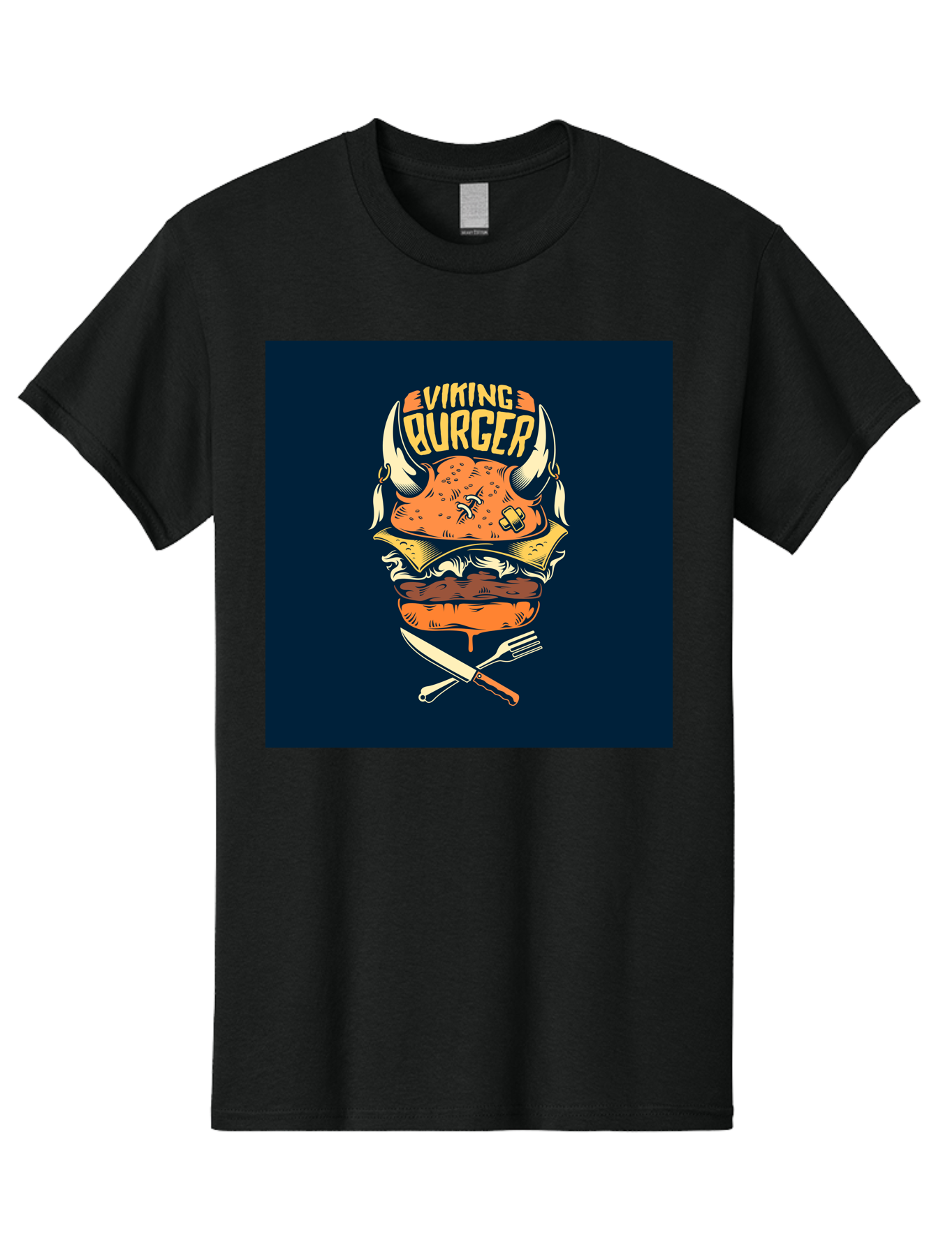 Viking-Burger Men'S Graphic Tee, 100% Cotton, Comfortable Casual Summer Wear, Machine Washable, Viking Burger, Cartoon Burger, Burger Illustration, Horned Bun, Crossed Utensils, Restaurant Logo, Food Branding, Yellow Text, Comical Design, Aab493
