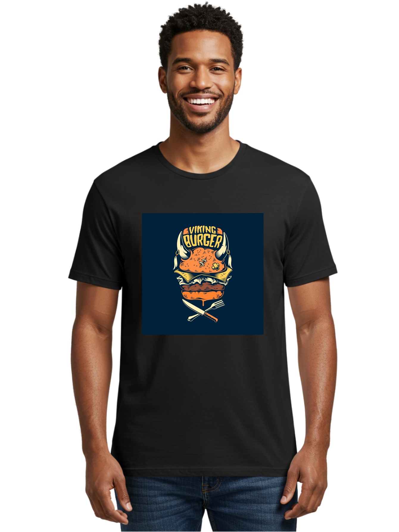 Viking-Burger Men'S Graphic Tee, 100% Cotton, Comfortable Casual Summer Wear, Machine Washable, Viking Burger, Cartoon Burger, Burger Illustration, Horned Bun, Crossed Utensils, Restaurant Logo, Food Branding, Yellow Text, Comical Design, Aab493