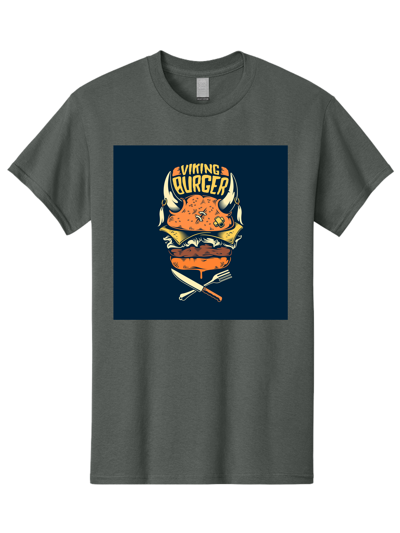 Viking-Burger Men'S Graphic Tee, 100% Cotton, Comfortable Casual Summer Wear, Machine Washable, Viking Burger, Cartoon Burger, Burger Illustration, Horned Bun, Crossed Utensils, Restaurant Logo, Food Branding, Yellow Text, Comical Design, Aab493 3
