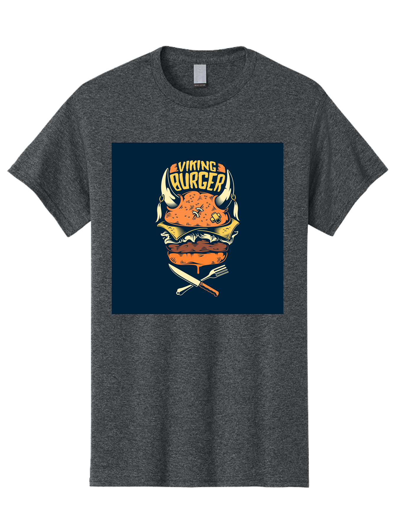Viking-Burger Men'S Graphic Tee, 100% Cotton, Comfortable Casual Summer Wear, Machine Washable, Viking Burger, Cartoon Burger, Burger Illustration, Horned Bun, Crossed Utensils, Restaurant Logo, Food Branding, Yellow Text, Comical Design, Aab493 7