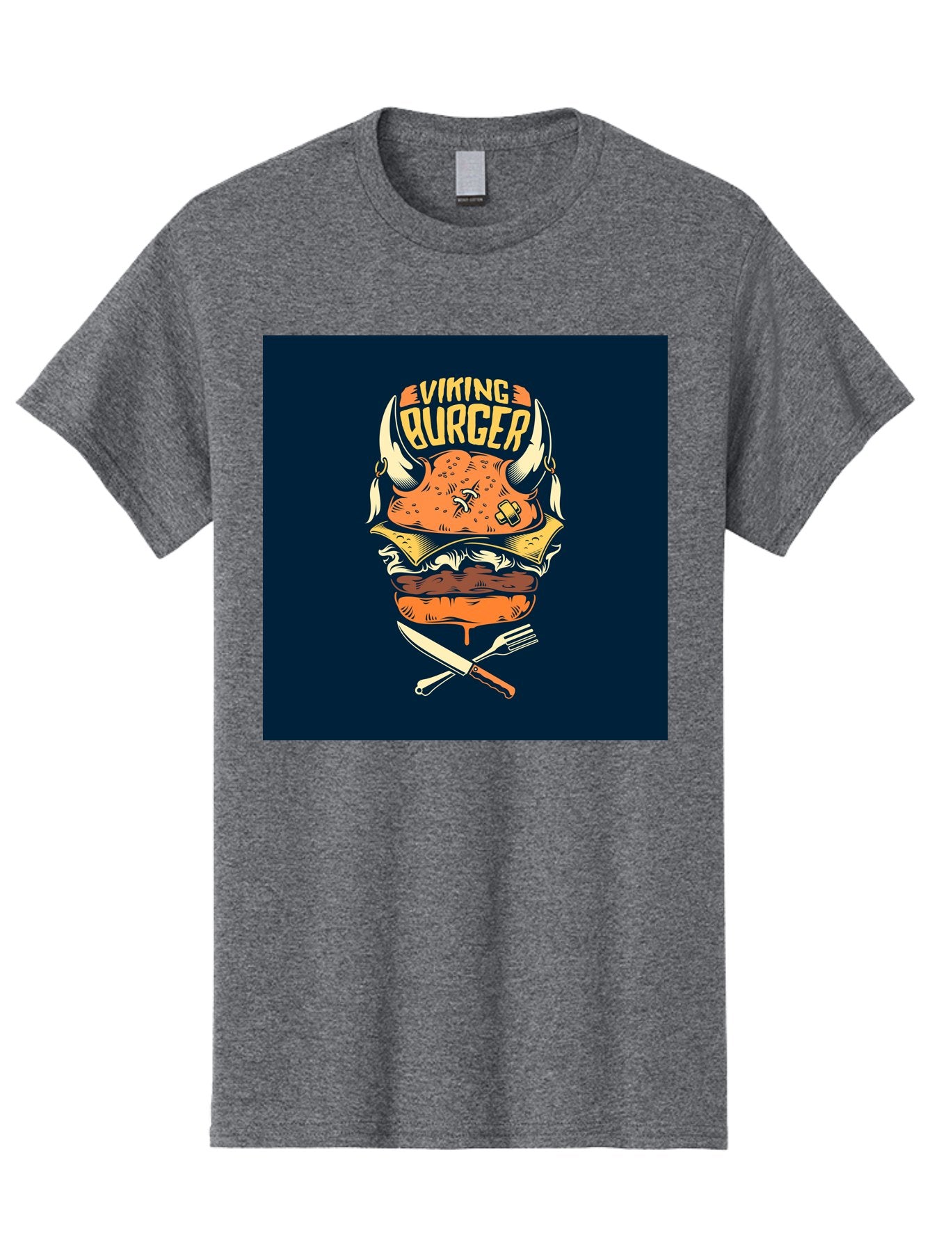 Viking-Burger Men'S Graphic Tee, 100% Cotton, Comfortable Casual Summer Wear, Machine Washable, Viking Burger, Cartoon Burger, Burger Illustration, Horned Bun, Crossed Utensils, Restaurant Logo, Food Branding, Yellow Text, Comical Design, Aab493 4