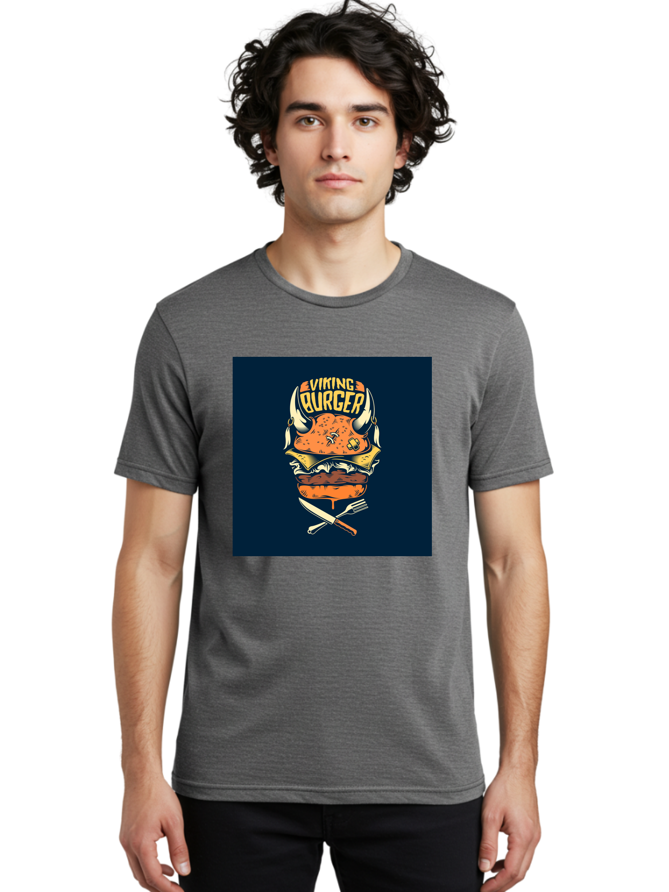 Viking-Burger Men'S Graphic Tee, 100% Cotton, Comfortable Casual Summer Wear, Machine Washable, Viking Burger, Cartoon Burger, Burger Illustration, Horned Bun, Crossed Utensils, Restaurant Logo, Food Branding, Yellow Text, Comical Design, Aab493 10