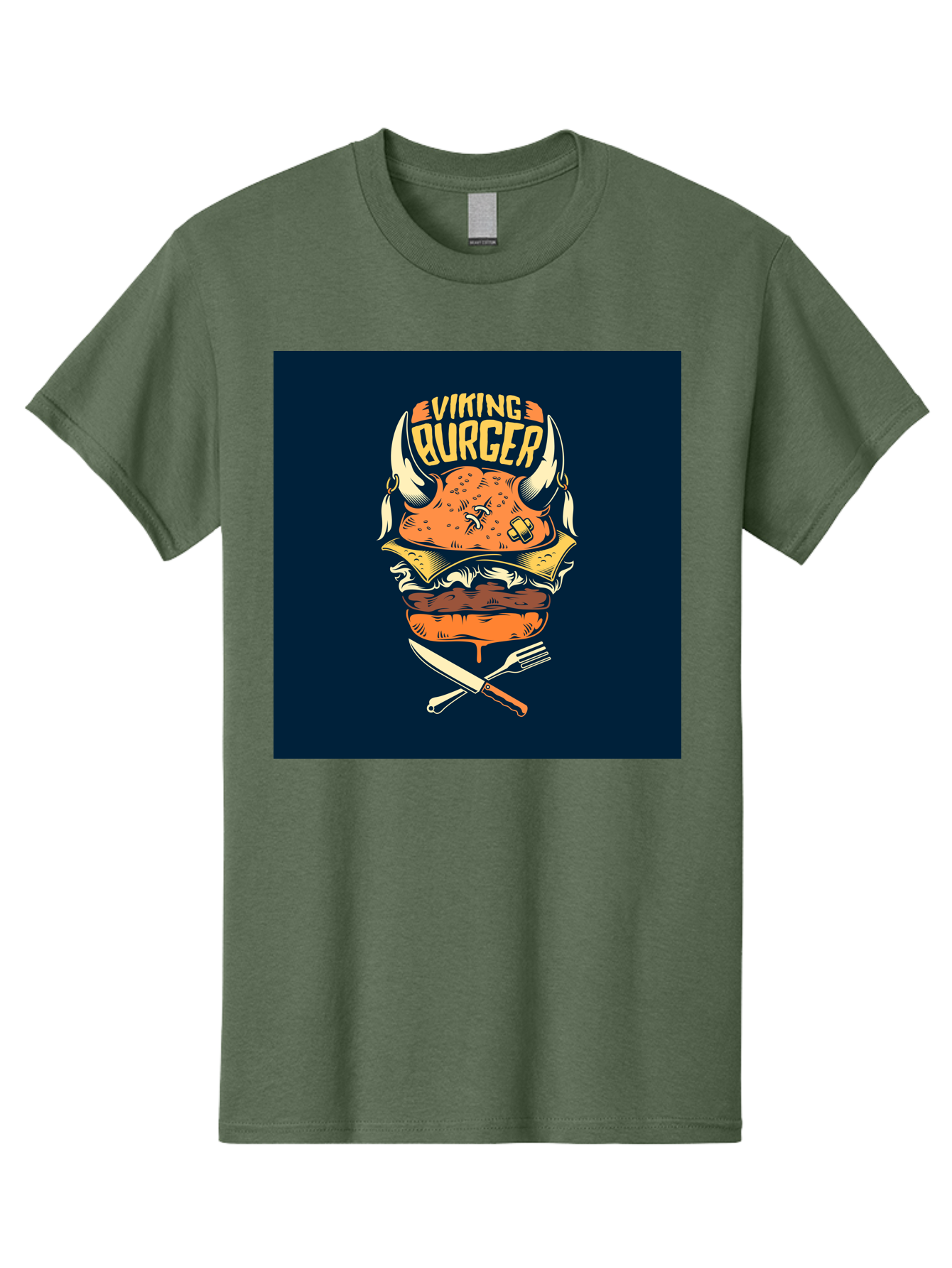 Viking-Burger Men'S Graphic Tee, 100% Cotton, Comfortable Casual Summer Wear, Machine Washable, Viking Burger, Cartoon Burger, Burger Illustration, Horned Bun, Crossed Utensils, Restaurant Logo, Food Branding, Yellow Text, Comical Design, Aab493 15