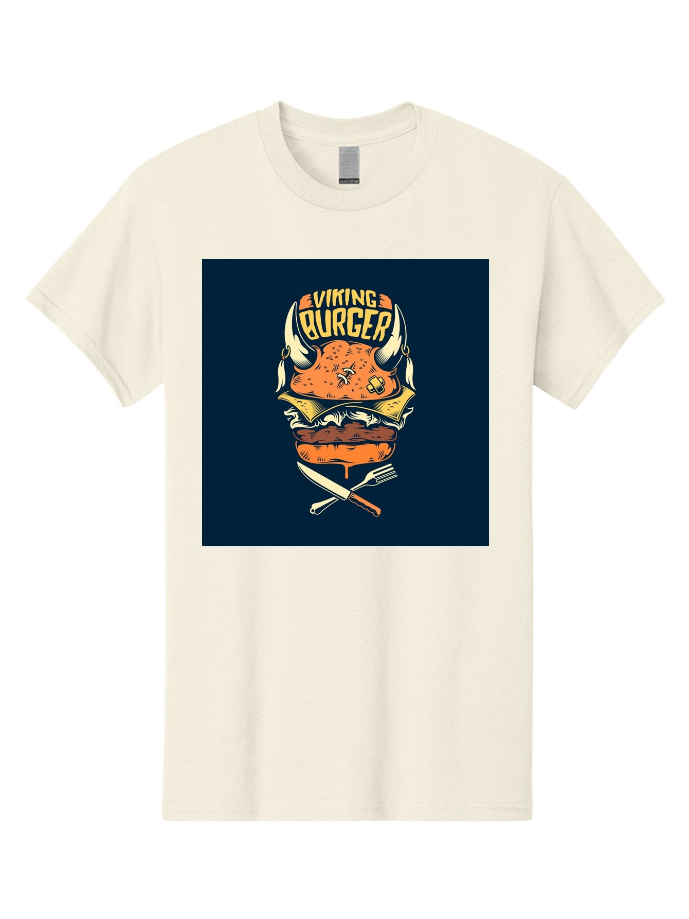 Viking-Burger Men'S Graphic Tee, 100% Cotton, Comfortable Casual Summer Wear, Machine Washable, Viking Burger, Cartoon Burger, Burger Illustration, Horned Bun, Crossed Utensils, Restaurant Logo, Food Branding, Yellow Text, Comical Design, Aab493
