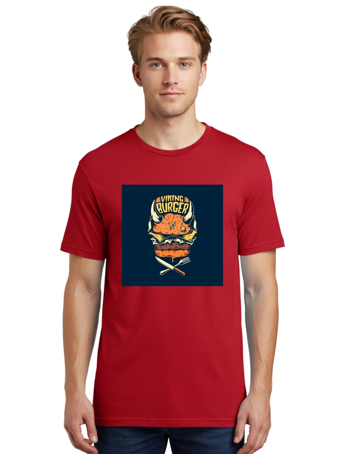Viking-Burger Men'S Graphic Tee, 100% Cotton, Comfortable Casual Summer Wear, Machine Washable, Viking Burger, Cartoon Burger, Burger Illustration, Horned Bun, Crossed Utensils, Restaurant Logo, Food Branding, Yellow Text, Comical Design, Aab493 20