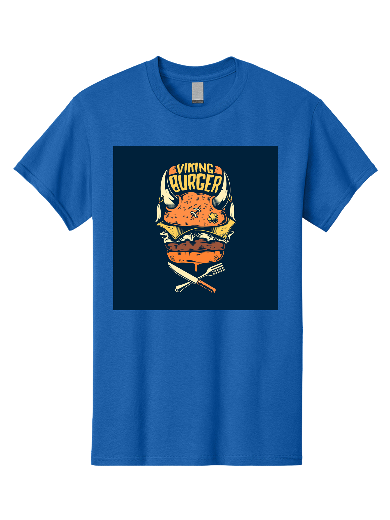 Viking-Burger Men'S Graphic Tee, 100% Cotton, Comfortable Casual Summer Wear, Machine Washable, Viking Burger, Cartoon Burger, Burger Illustration, Horned Bun, Crossed Utensils, Restaurant Logo, Food Branding, Yellow Text, Comical Design, Aab493 25