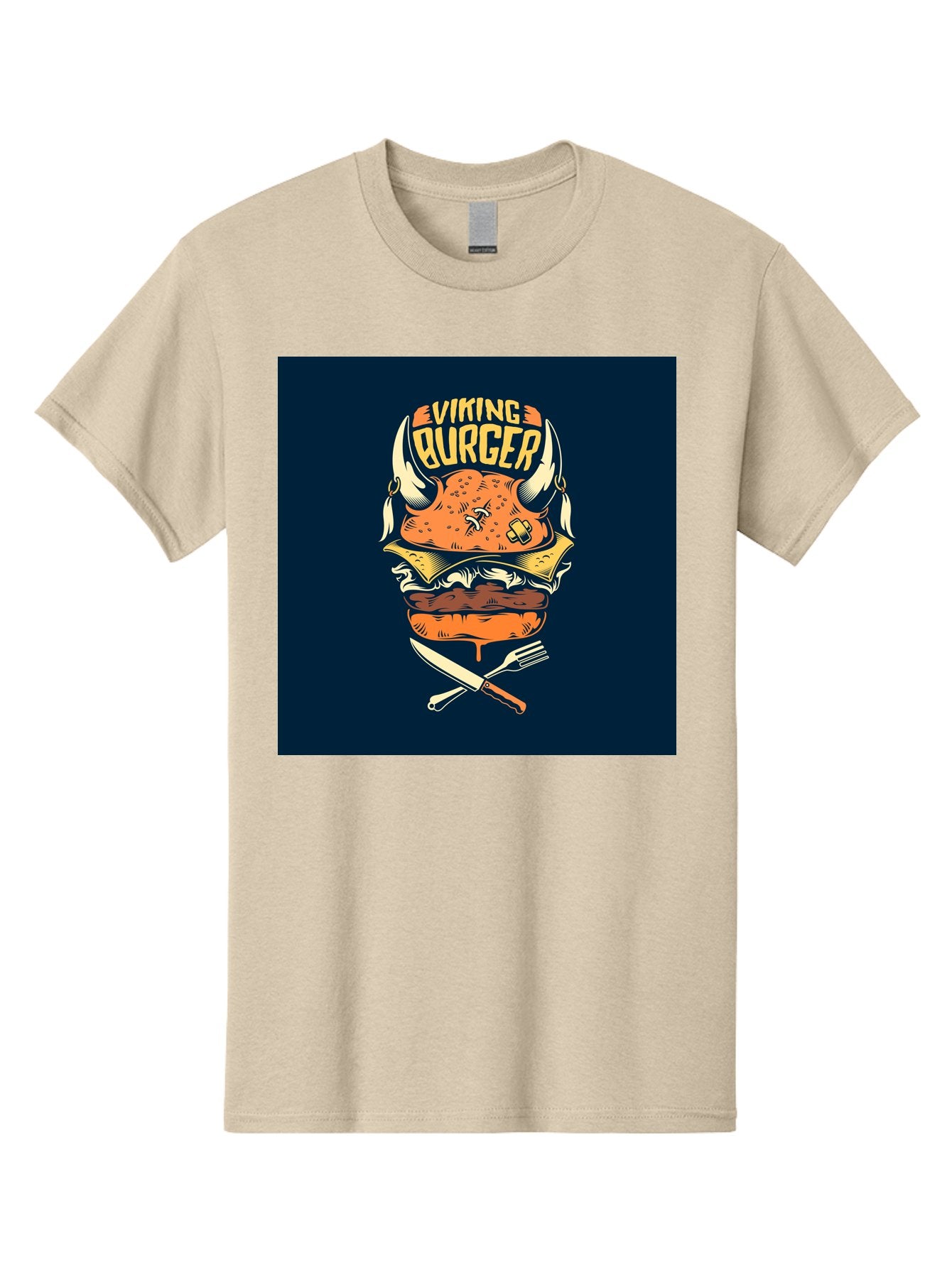 Viking-Burger Men'S Graphic Tee, 100% Cotton, Comfortable Casual Summer Wear, Machine Washable, Viking Burger, Cartoon Burger, Burger Illustration, Horned Bun, Crossed Utensils, Restaurant Logo, Food Branding, Yellow Text, Comical Design, Aab493 9
