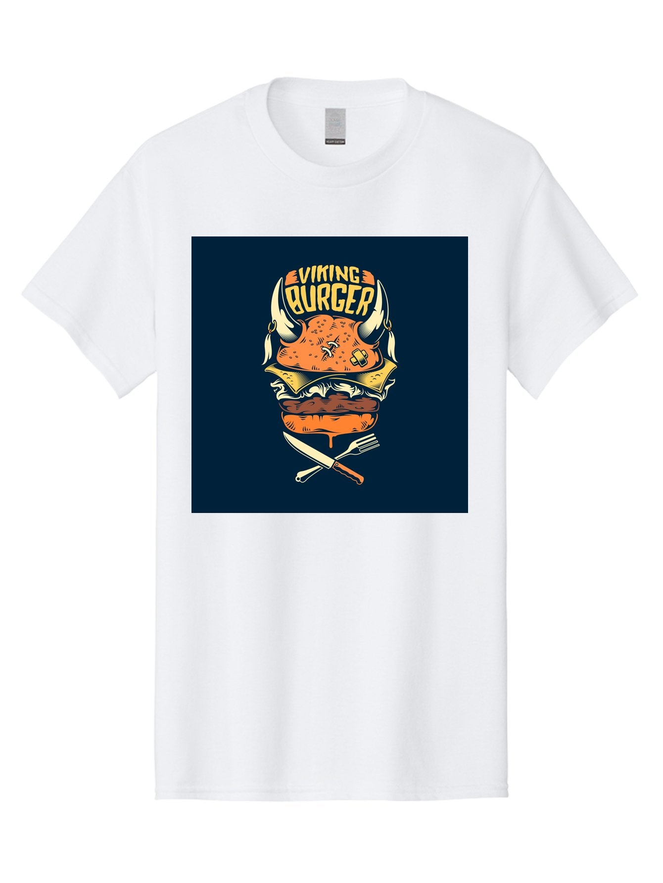 Viking-Burger Men'S Graphic Tee, 100% Cotton, Comfortable Casual Summer Wear, Machine Washable, Viking Burger, Cartoon Burger, Burger Illustration, Horned Bun, Crossed Utensils, Restaurant Logo, Food Branding, Yellow Text, Comical Design, Aab493 10