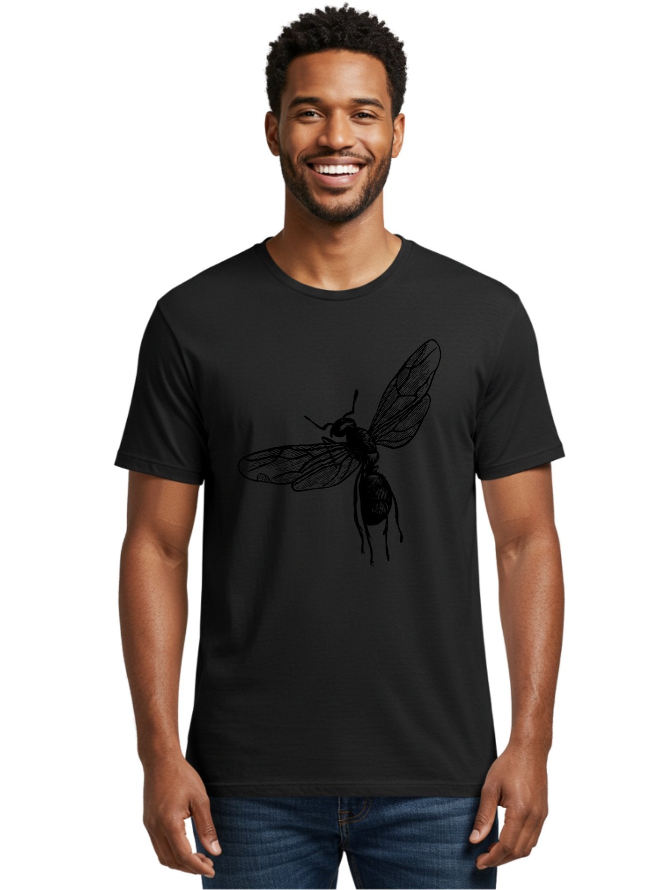 Bee Men'S Graphic Tee, 100% Cotton, Comfortable Casual Summer Wear, Machine Washable, Black Wasp In Flight, Insect Wings, Entomology Illustration, Detailed Drawing, Winged Creature, Insect Art Aab503 27