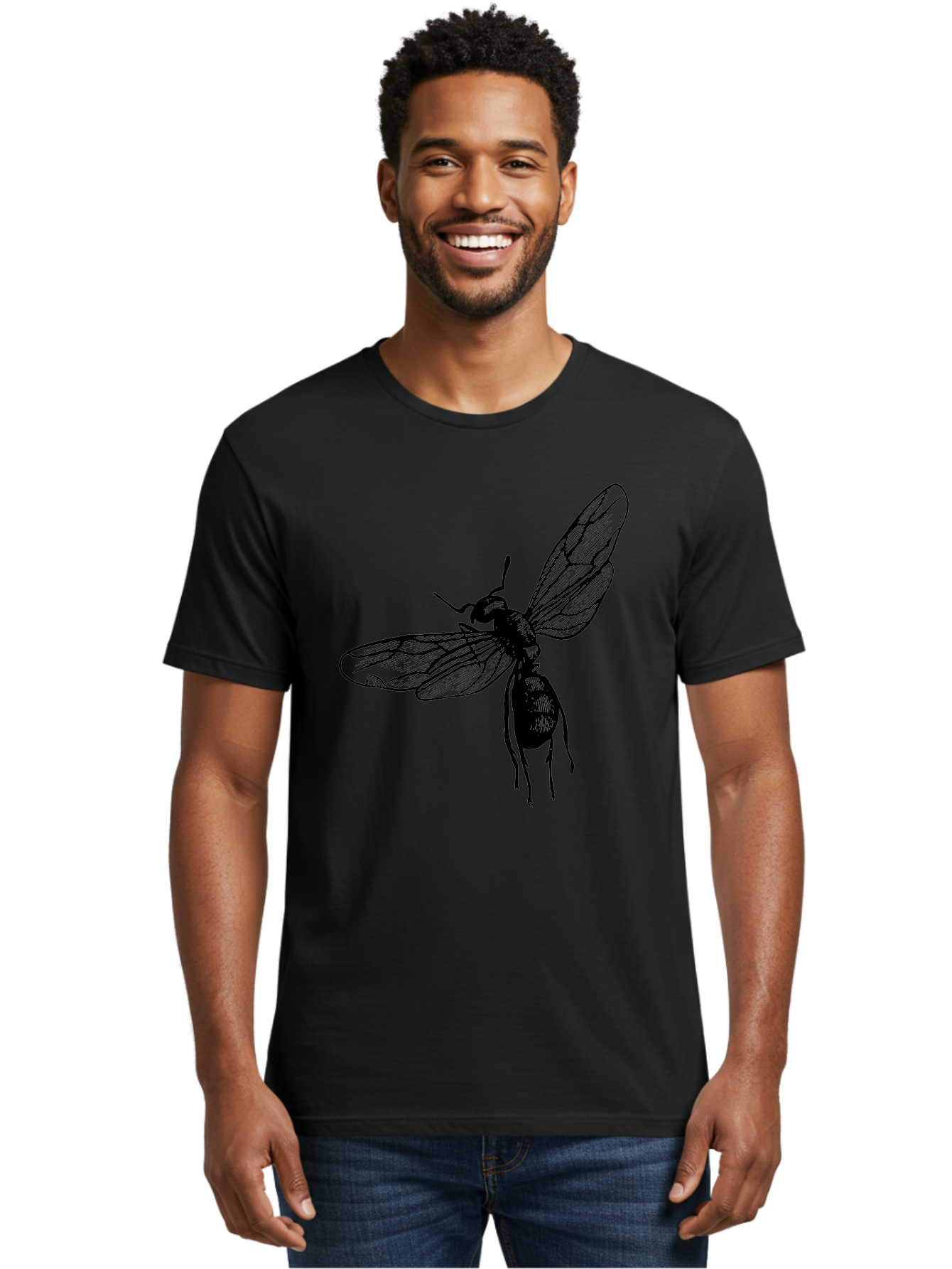 Bee Men'S Graphic Tee, 100% Cotton, Comfortable Casual Summer Wear, Machine Washable, Black Wasp In Flight, Insect Wings, Entomology Illustration, Detailed Drawing, Winged Creature, Insect Art Aab503