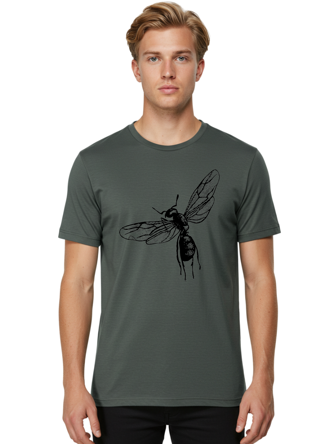 Bee Men'S Graphic Tee, 100% Cotton, Comfortable Casual Summer Wear, Machine Washable, Black Wasp In Flight, Insect Wings, Entomology Illustration, Detailed Drawing, Winged Creature, Insect Art Aab503 4