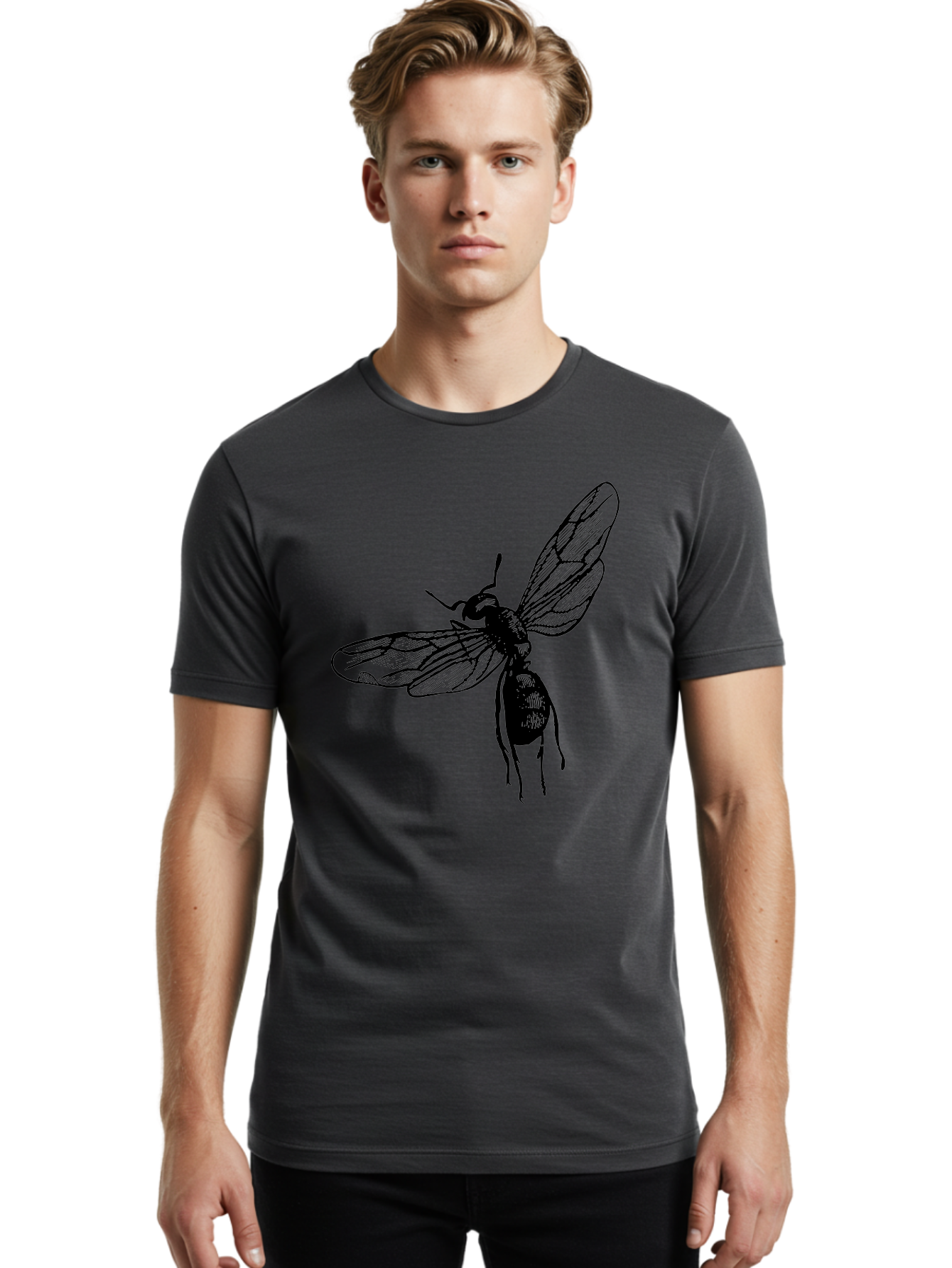 Bee Men'S Graphic Tee, 100% Cotton, Comfortable Casual Summer Wear, Machine Washable, Black Wasp In Flight, Insect Wings, Entomology Illustration, Detailed Drawing, Winged Creature, Insect Art Aab503 8
