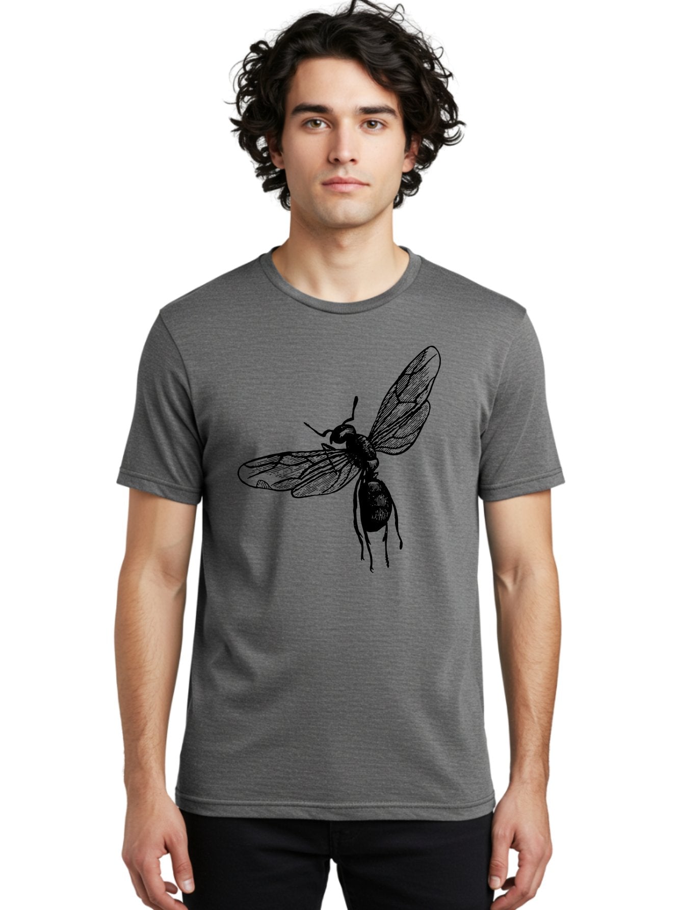 Bee Men'S Graphic Tee, 100% Cotton, Comfortable Casual Summer Wear, Machine Washable, Black Wasp In Flight, Insect Wings, Entomology Illustration, Detailed Drawing, Winged Creature, Insect Art Aab503 26