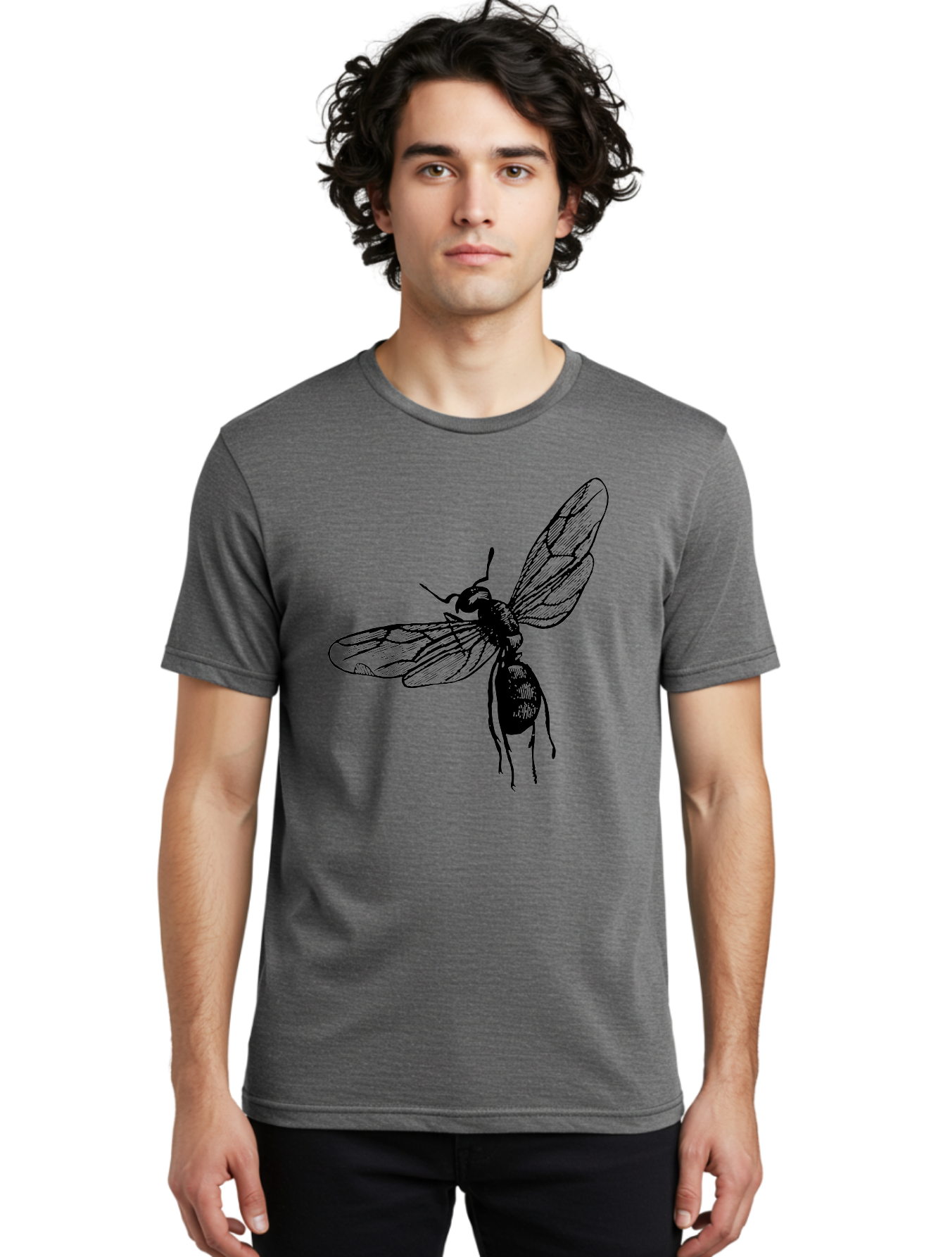 Bee Men'S Graphic Tee, 100% Cotton, Comfortable Casual Summer Wear, Machine Washable, Black Wasp In Flight, Insect Wings, Entomology Illustration, Detailed Drawing, Winged Creature, Insect Art Aab503 10