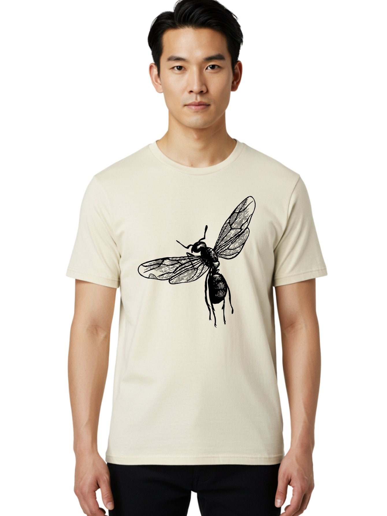 Bee Men'S Graphic Tee, 100% Cotton, Comfortable Casual Summer Wear, Machine Washable, Black Wasp In Flight, Insect Wings, Entomology Illustration, Detailed Drawing, Winged Creature, Insect Art Aab503 28