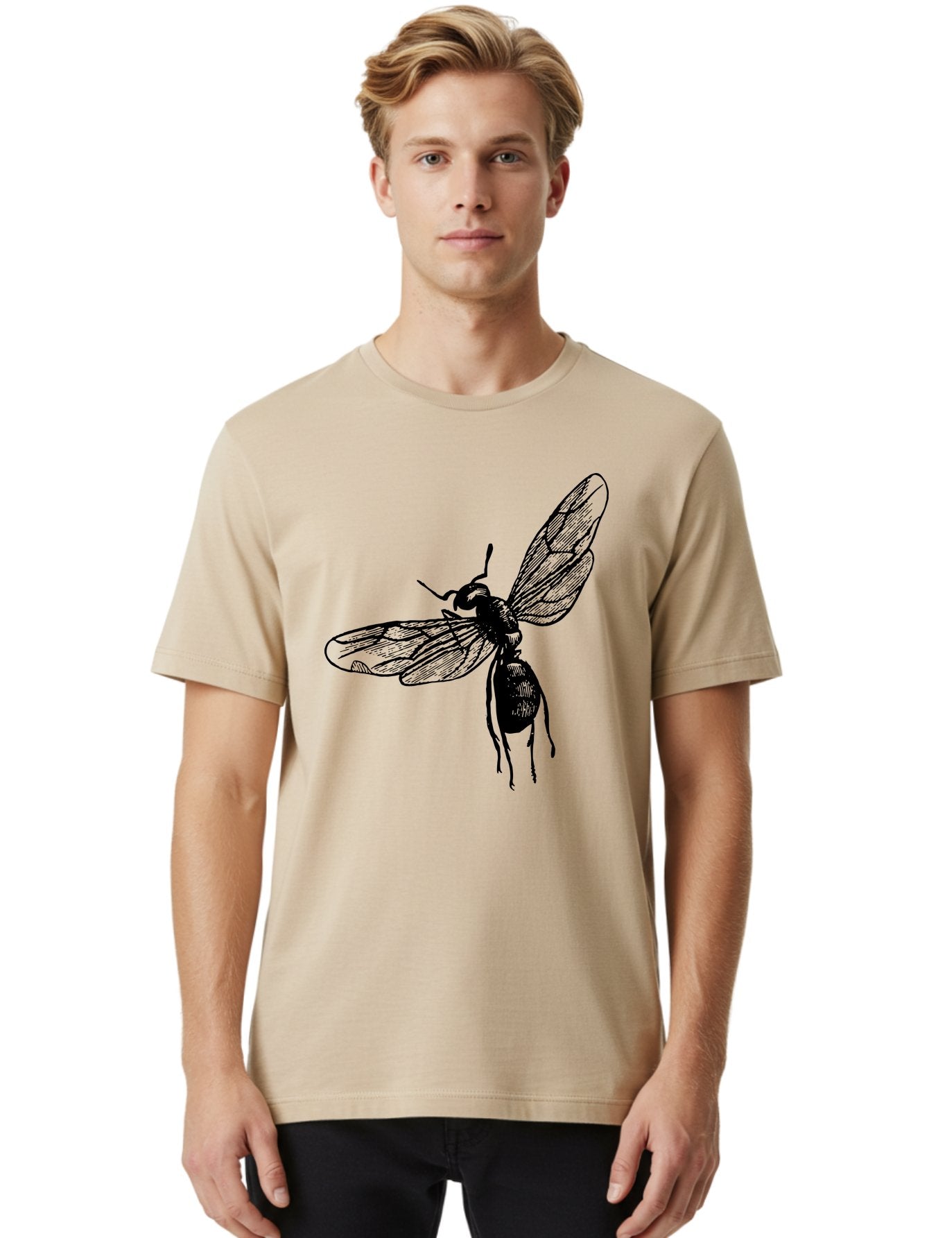 Bee Men'S Graphic Tee, 100% Cotton, Comfortable Casual Summer Wear, Machine Washable, Black Wasp In Flight, Insect Wings, Entomology Illustration, Detailed Drawing, Winged Creature, Insect Art Aab503 24