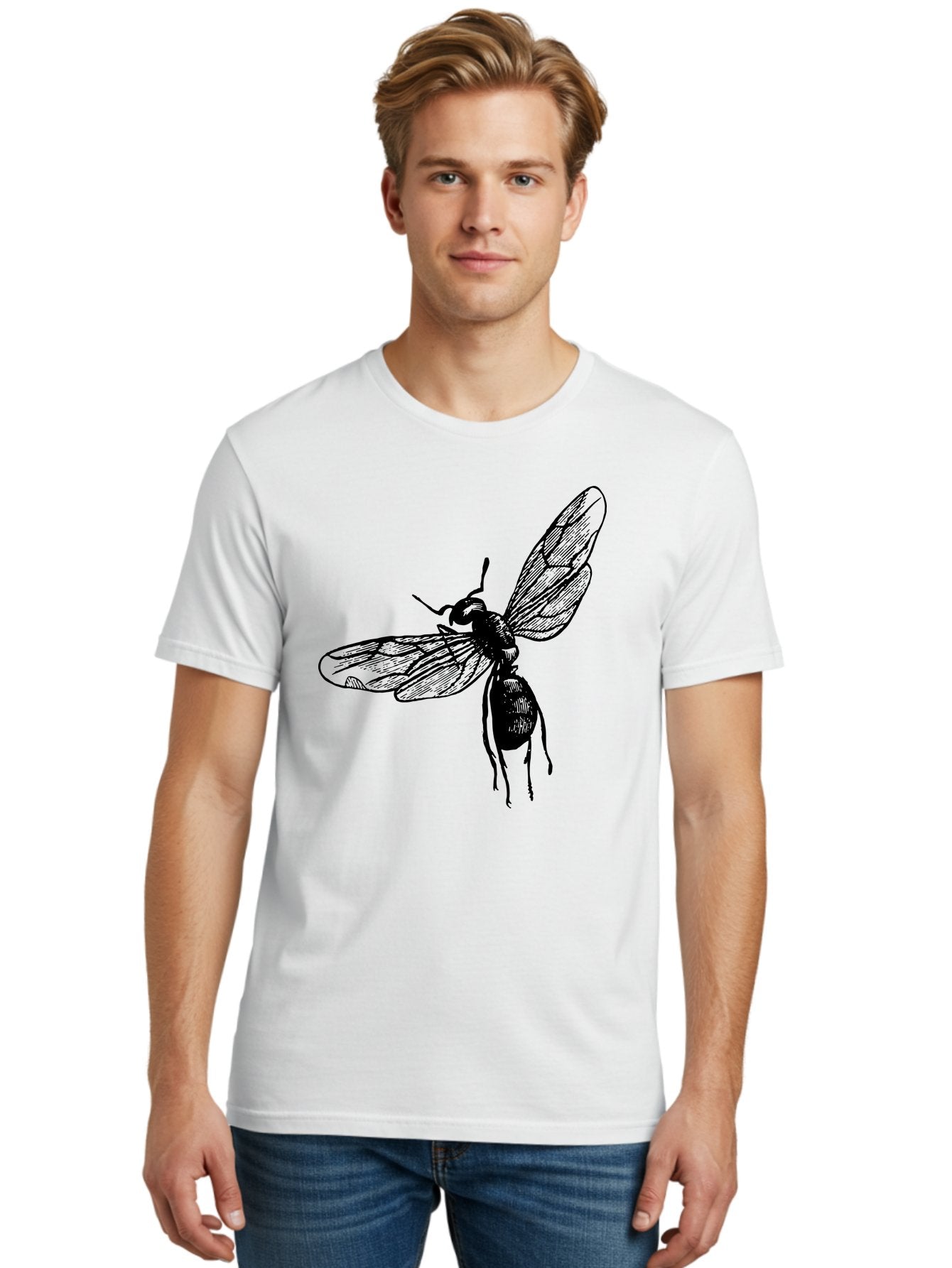 Bee Men'S Graphic Tee, 100% Cotton, Comfortable Casual Summer Wear, Machine Washable, Black Wasp In Flight, Insect Wings, Entomology Illustration, Detailed Drawing, Winged Creature, Insect Art Aab503 29
