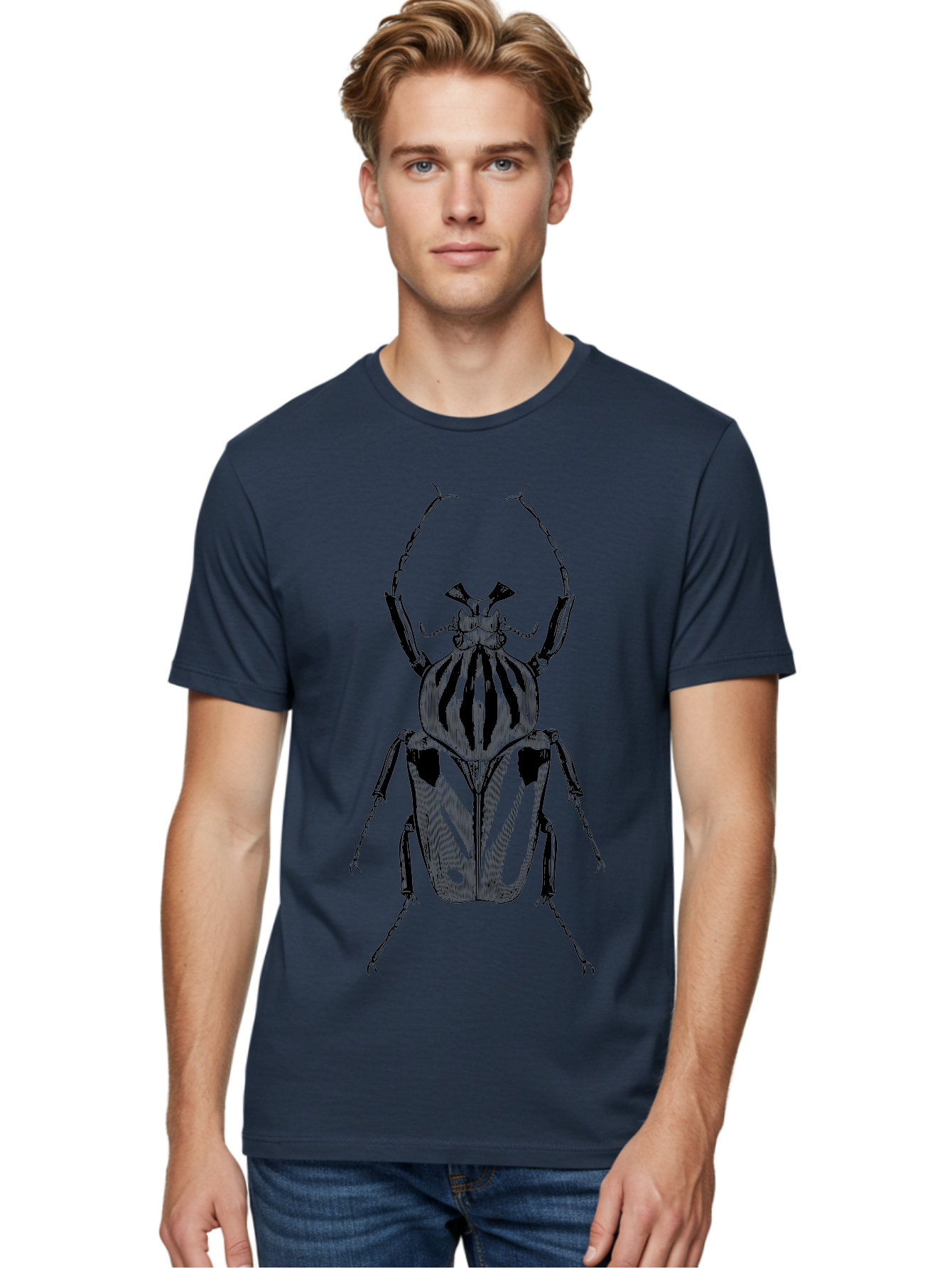 Beetle-Illustration-1 Men'S Graphic Tee, 100% Cotton, Comfortable Casual Summer Wear, Machine Washable, Beetle Illustration, Insect Art, Entomology, Striped Beetle, Black And Green, Detailed Drawing, Wildlife Illustration, Bug Graphics Aab507 20
