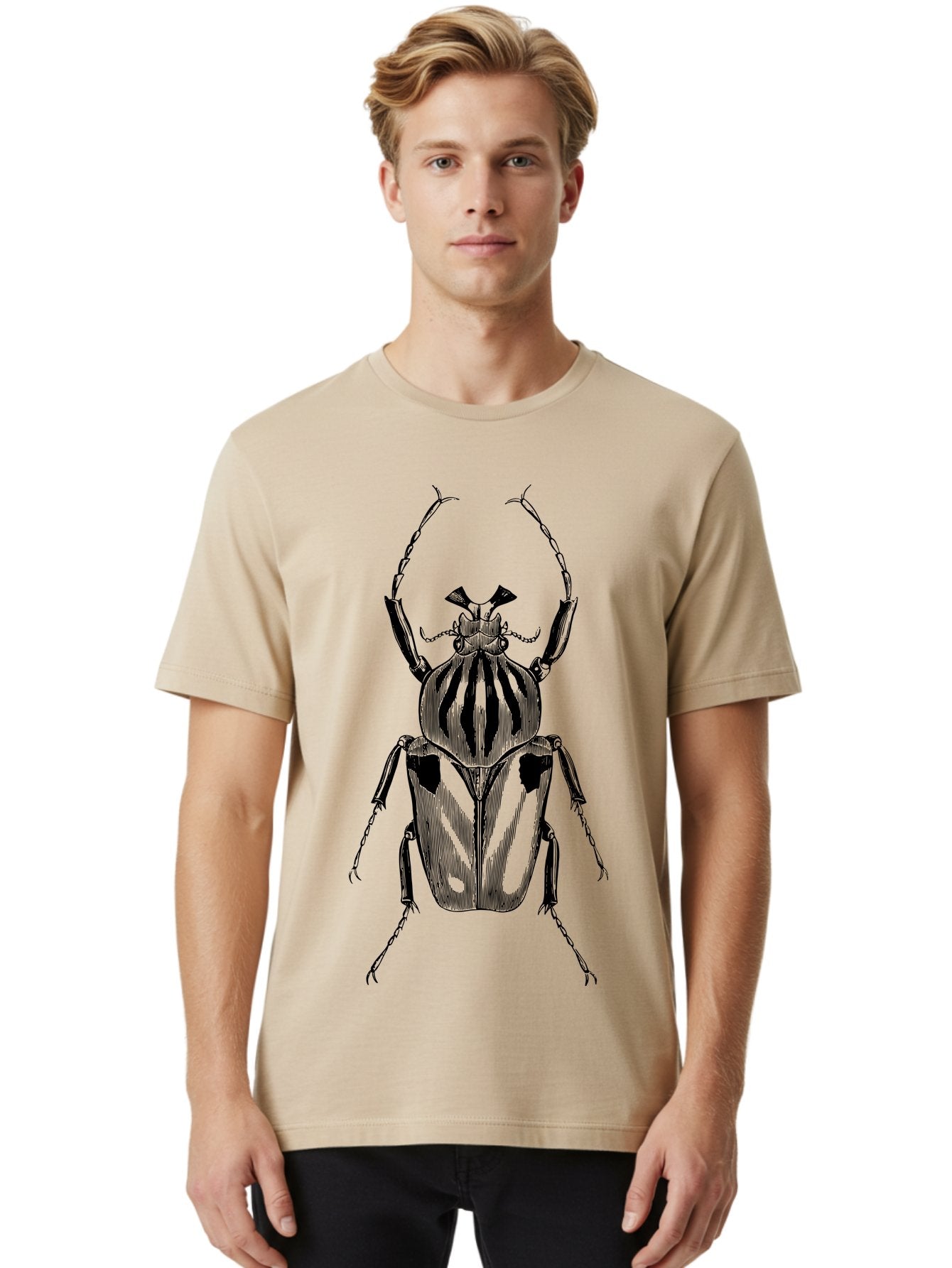 Beetle-Illustration-1 Men'S Graphic Tee, 100% Cotton, Comfortable Casual Summer Wear, Machine Washable, Beetle Illustration, Insect Art, Entomology, Striped Beetle, Black And Green, Detailed Drawing, Wildlife Illustration, Bug Graphics Aab507 19